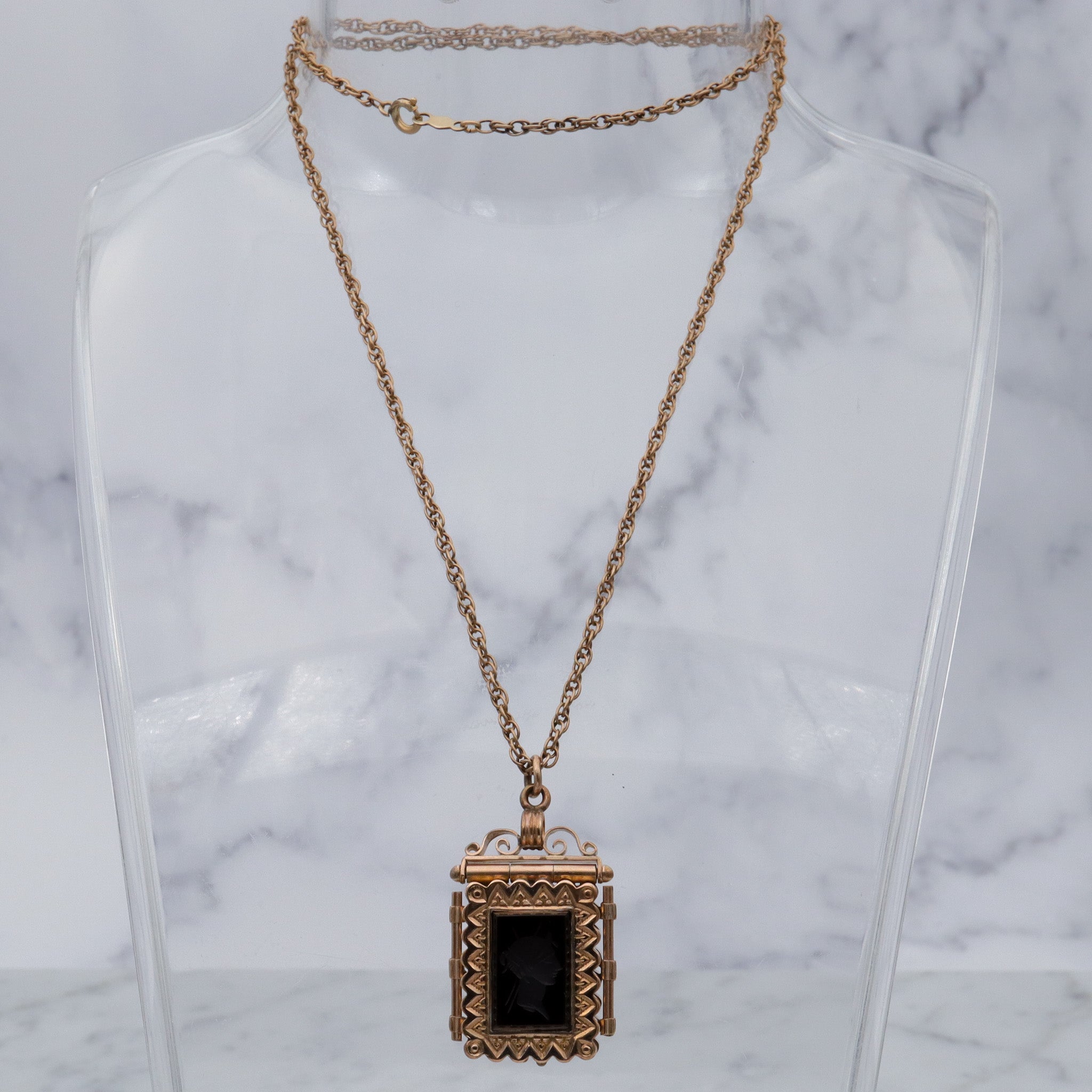 Antique Victorian gold filled, double sided intaglio locket necklace