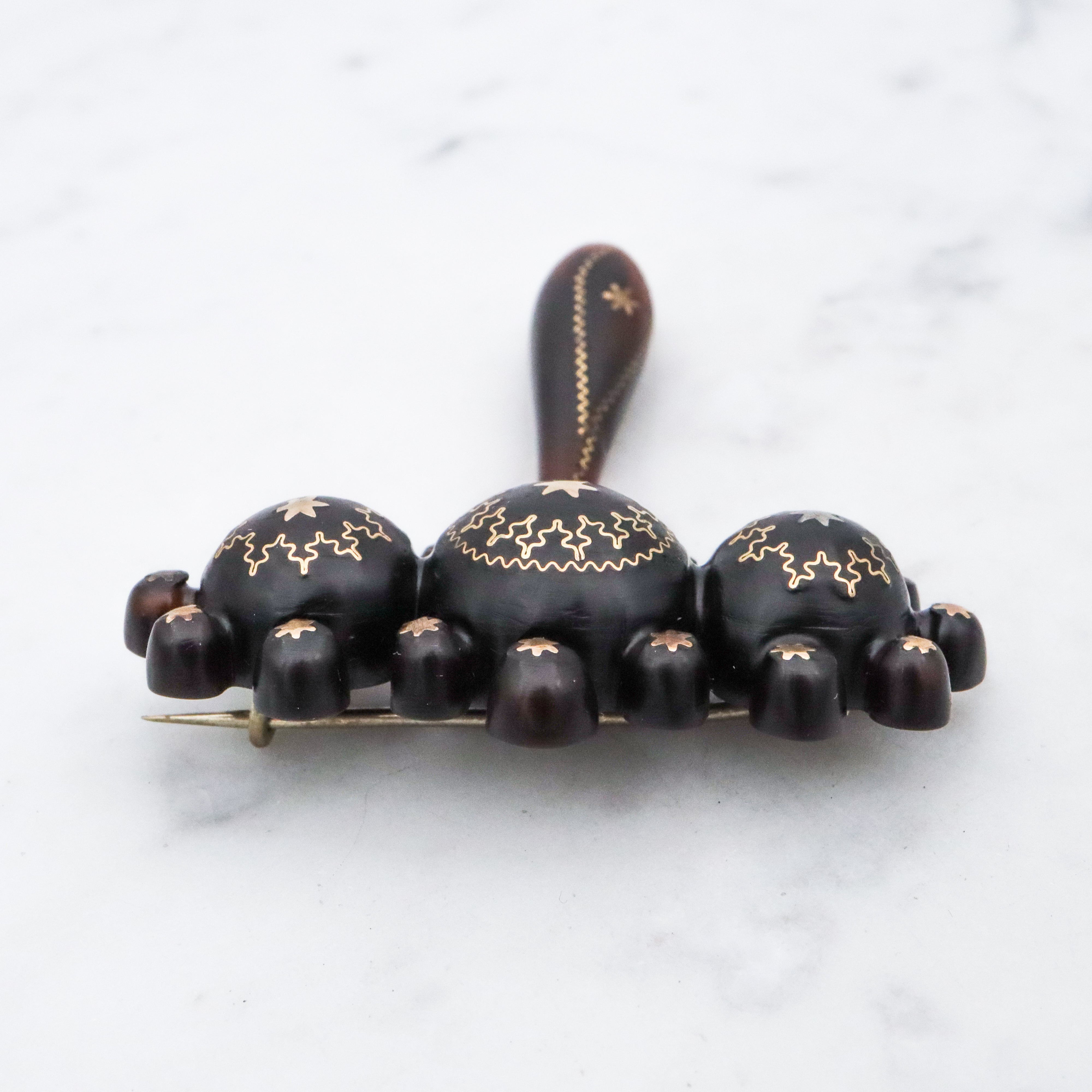 Antique Victorian tortoiseshell gold pique inlay star brooch