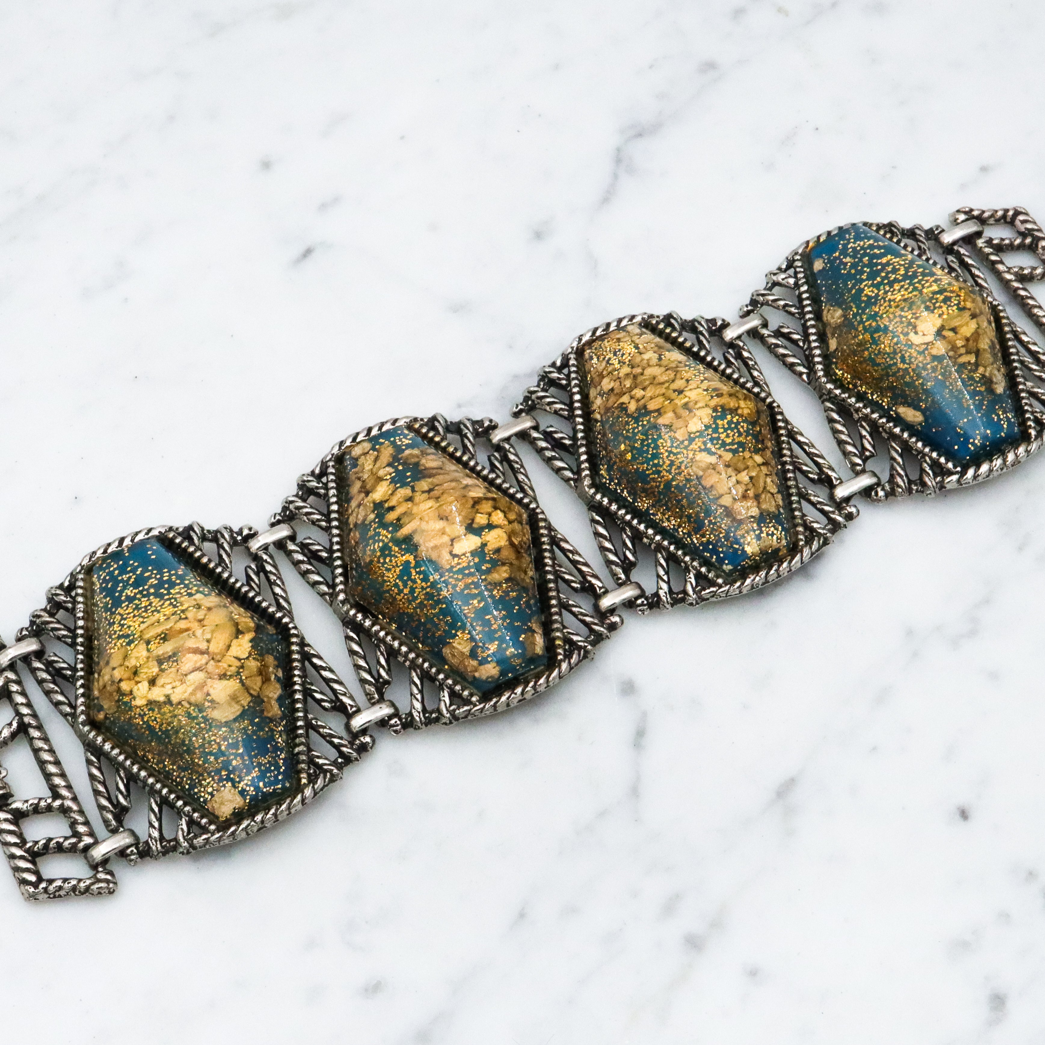 Exceptional MCM hexagonal cabochon tile link bracelet with gold mica flecks
