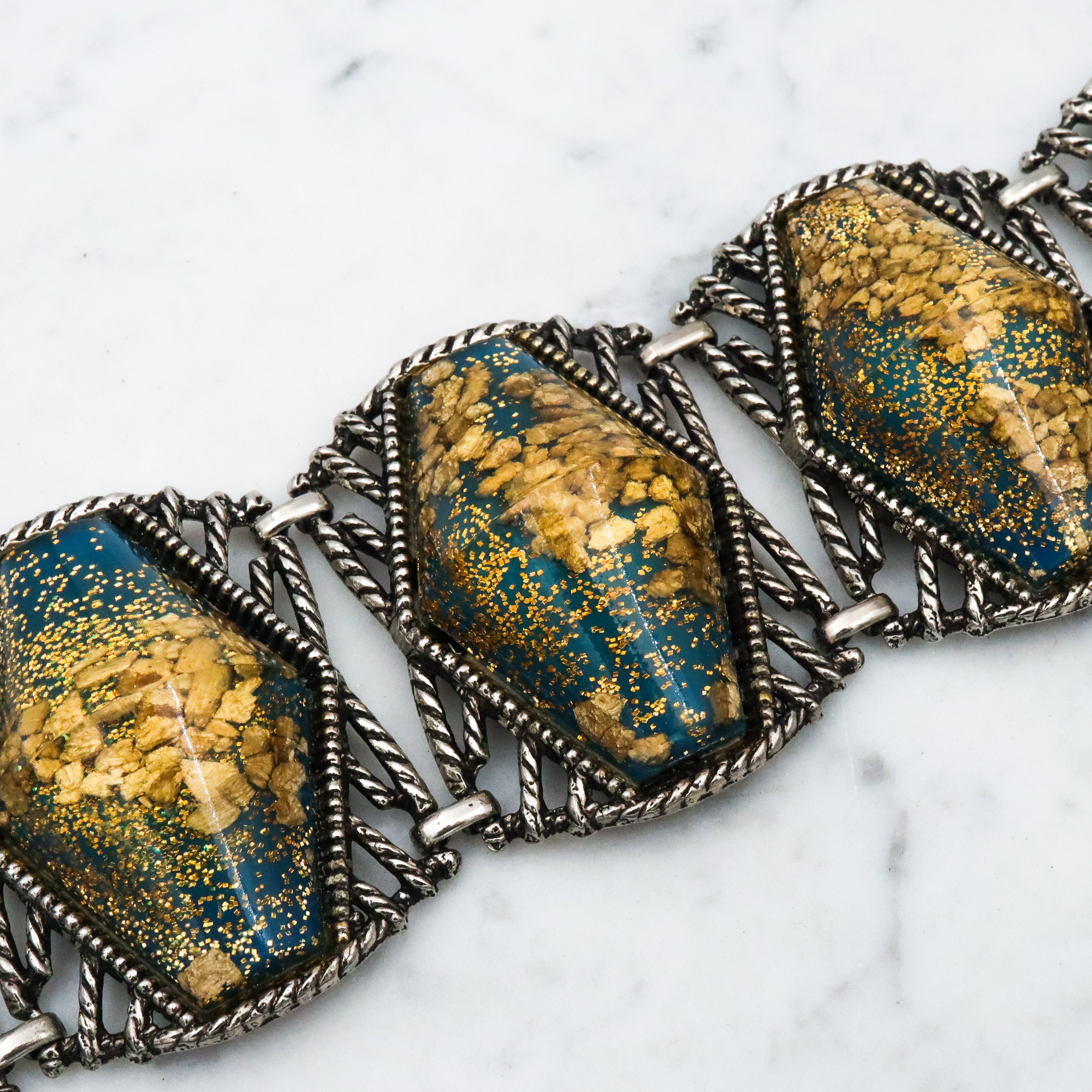 Exceptional MCM hexagonal cabochon tile link bracelet with gold mica flecks