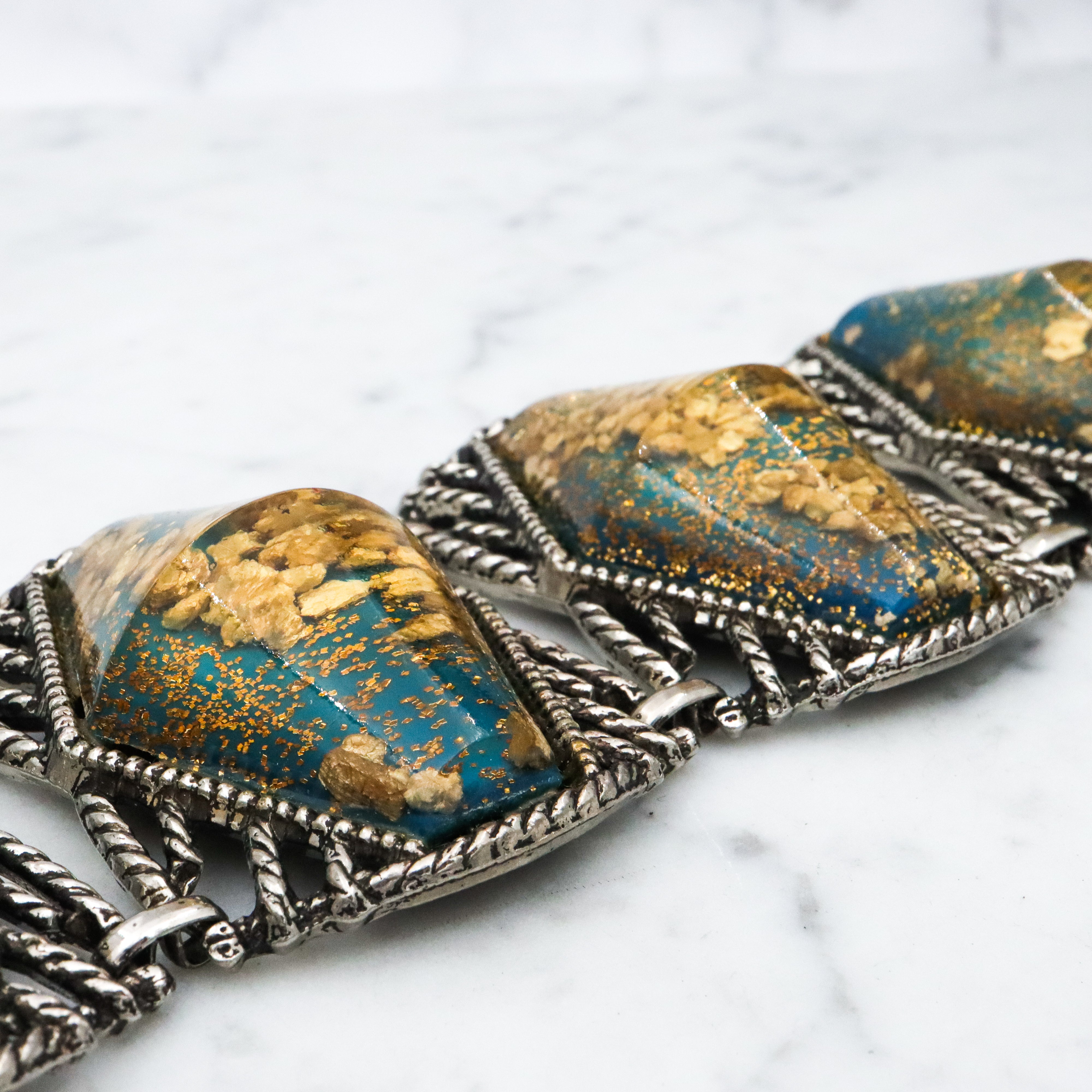 Exceptional MCM hexagonal cabochon tile link bracelet with gold mica flecks