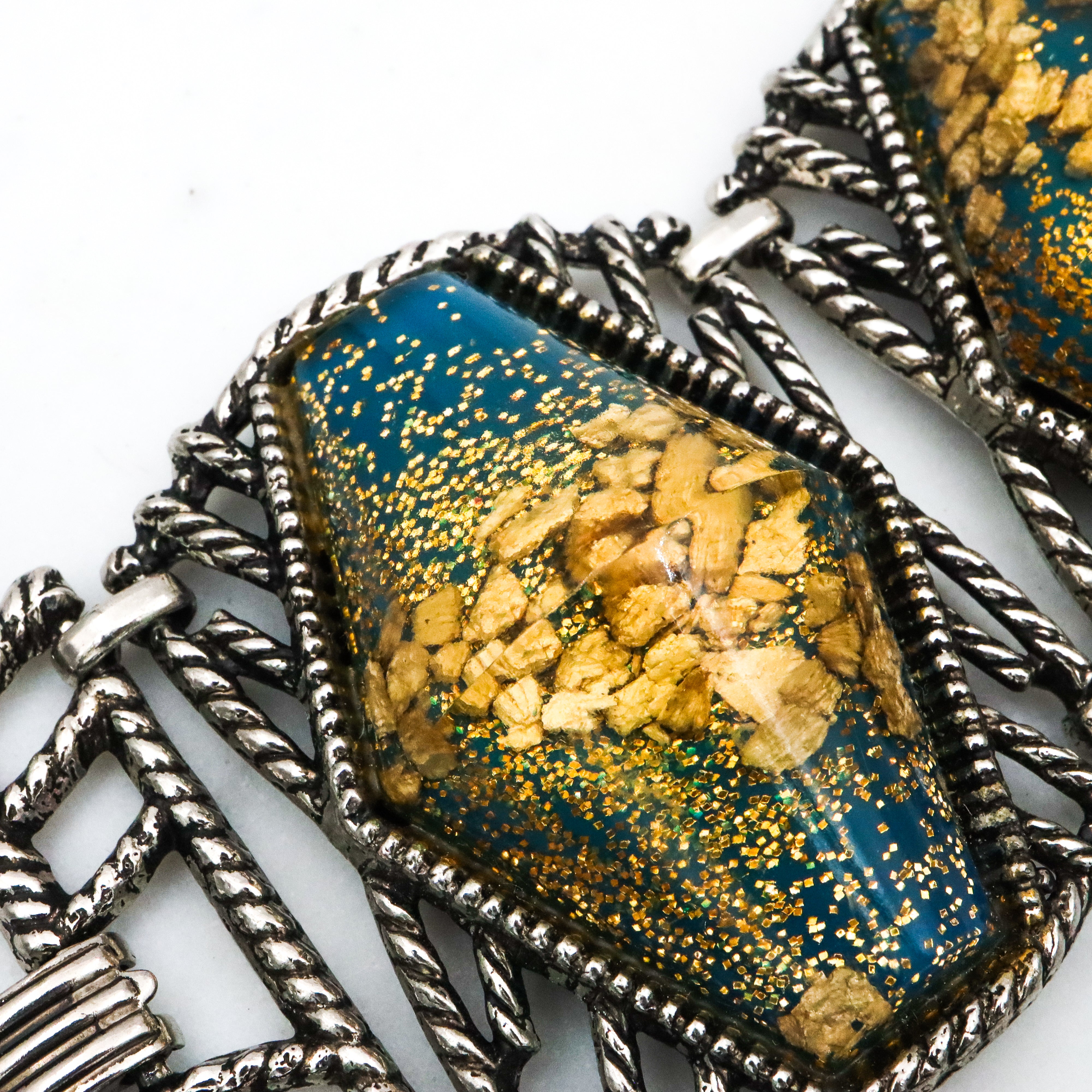 Exceptional MCM hexagonal cabochon tile link bracelet with gold mica flecks