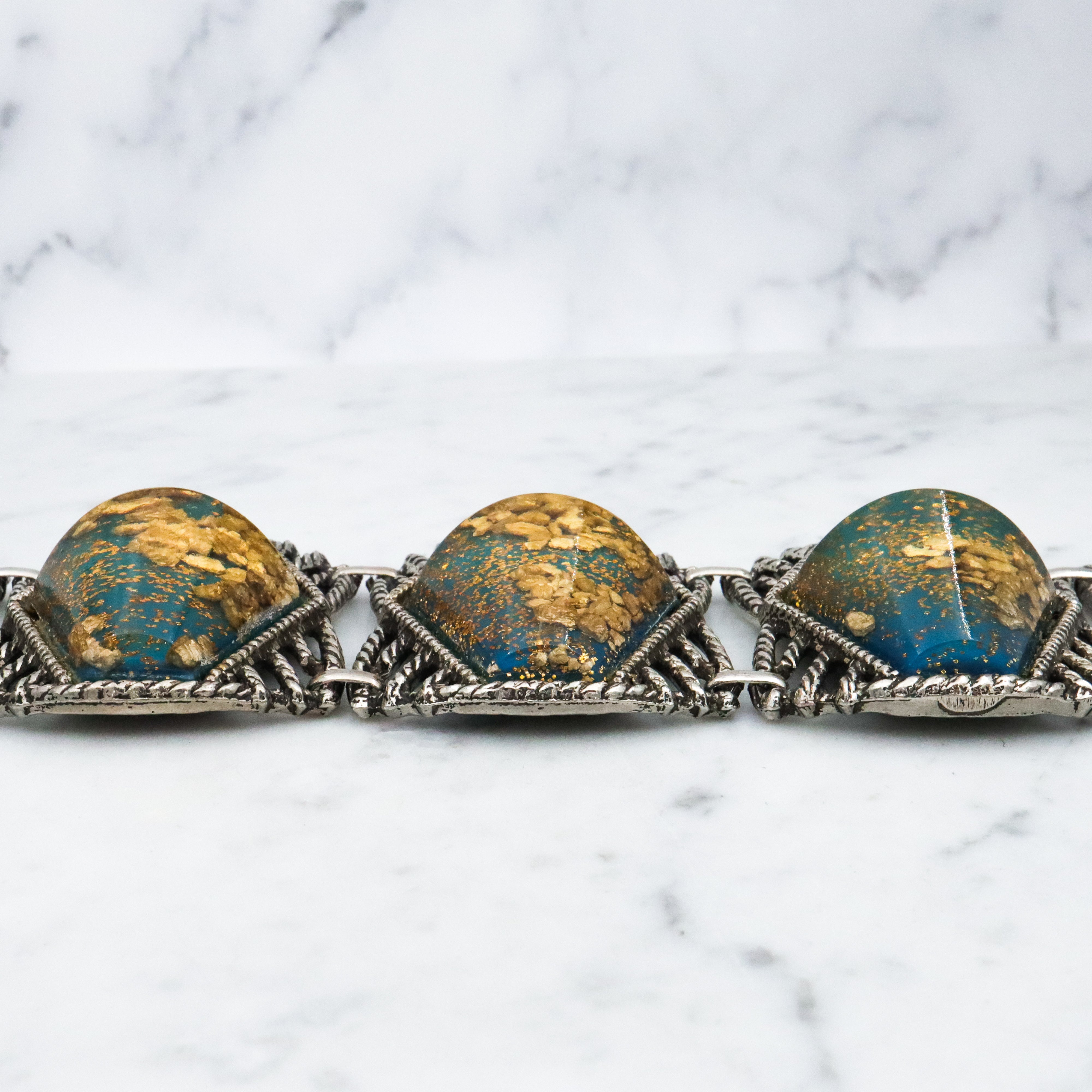 Exceptional MCM hexagonal cabochon tile link bracelet with gold mica flecks