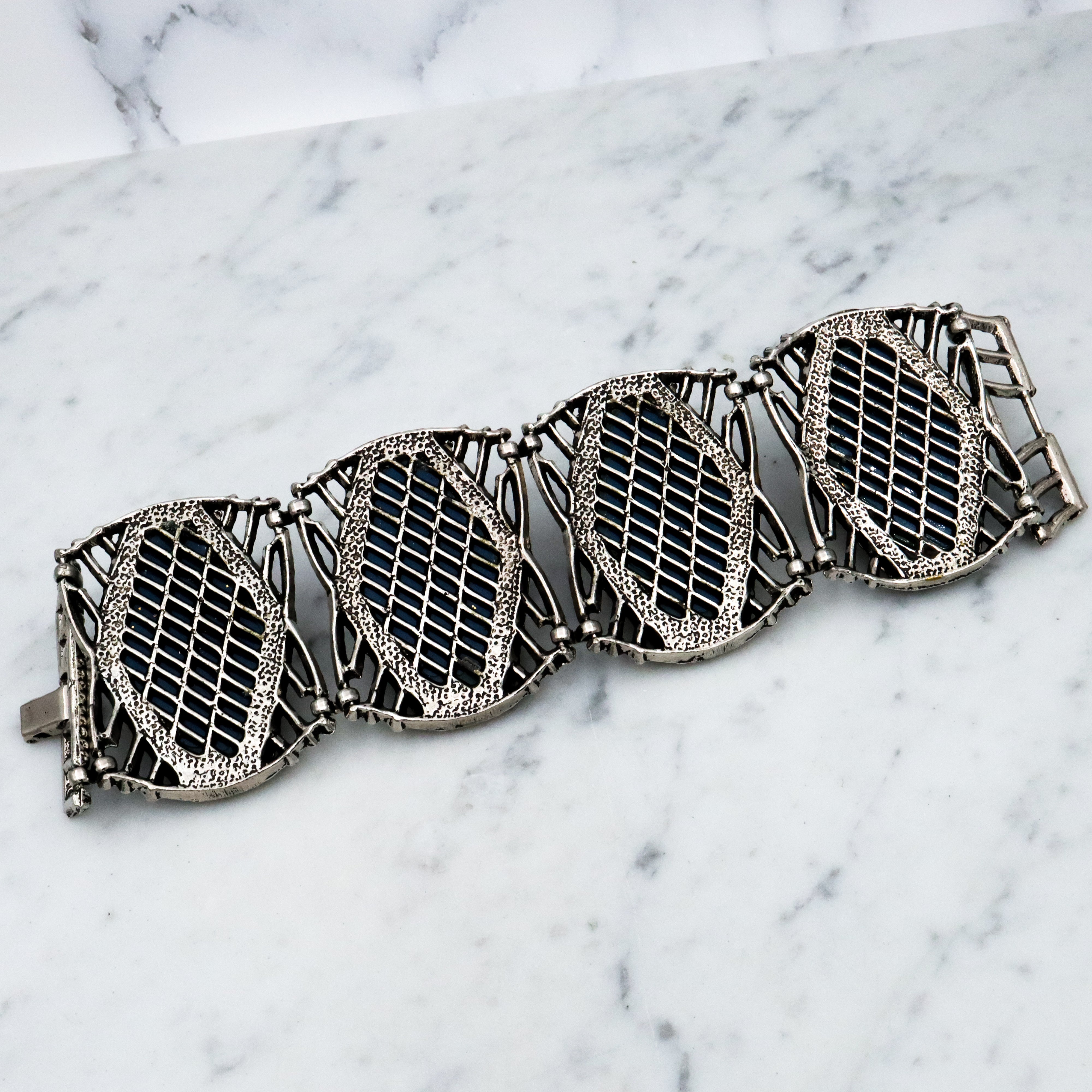 Exceptional MCM hexagonal cabochon tile link bracelet with gold mica flecks