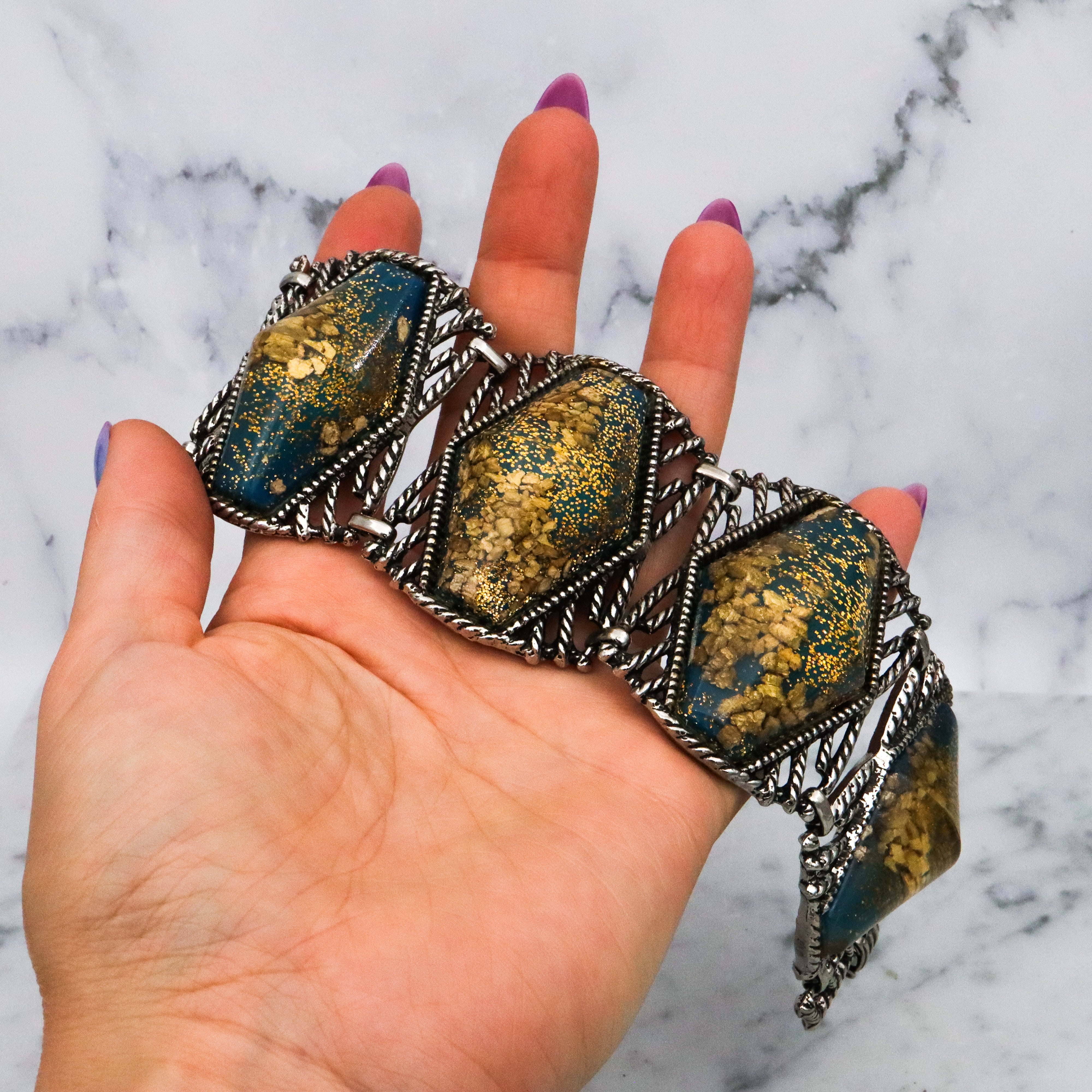 Exceptional MCM hexagonal cabochon tile link bracelet with gold mica flecks