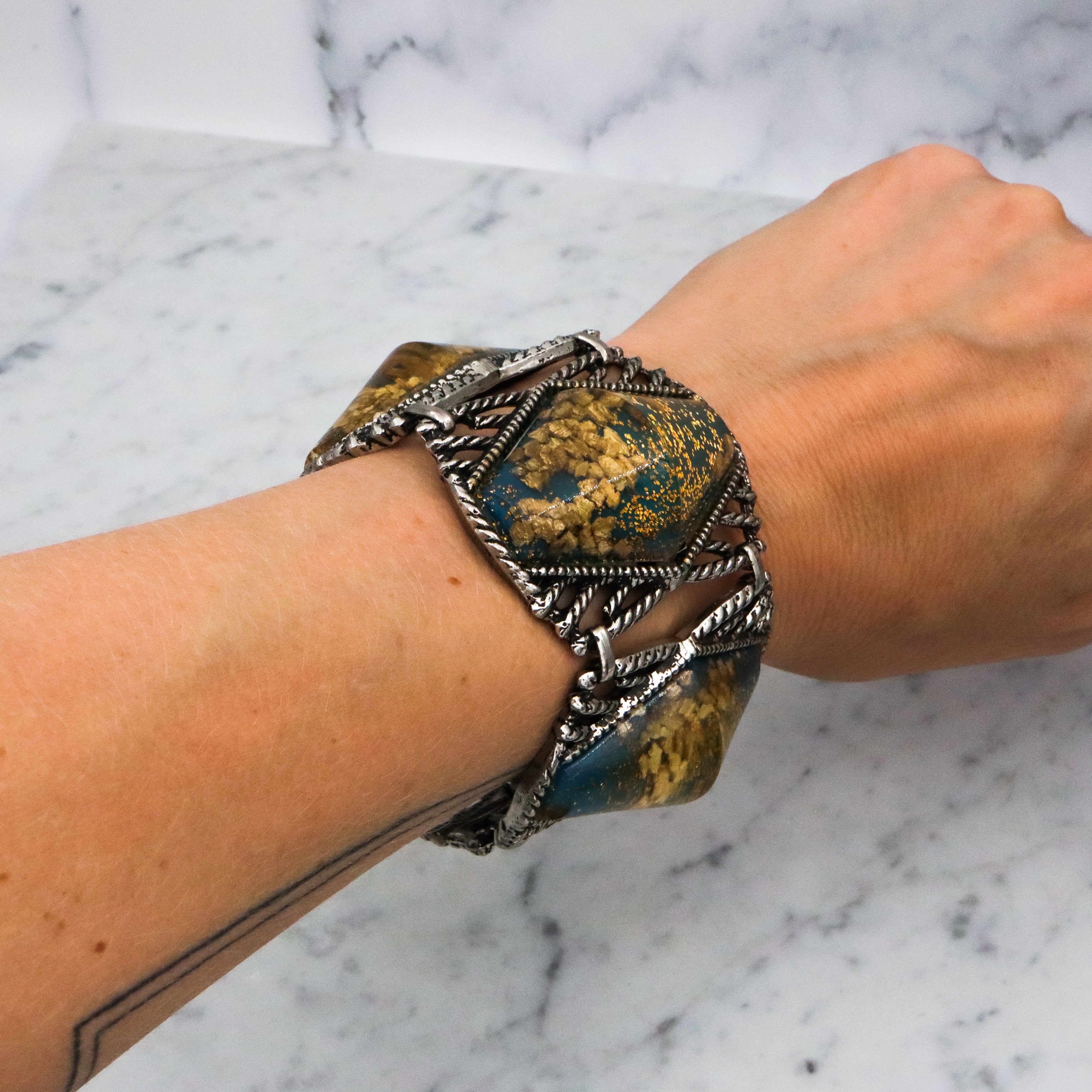 Exceptional MCM hexagonal cabochon tile link bracelet with gold mica flecks