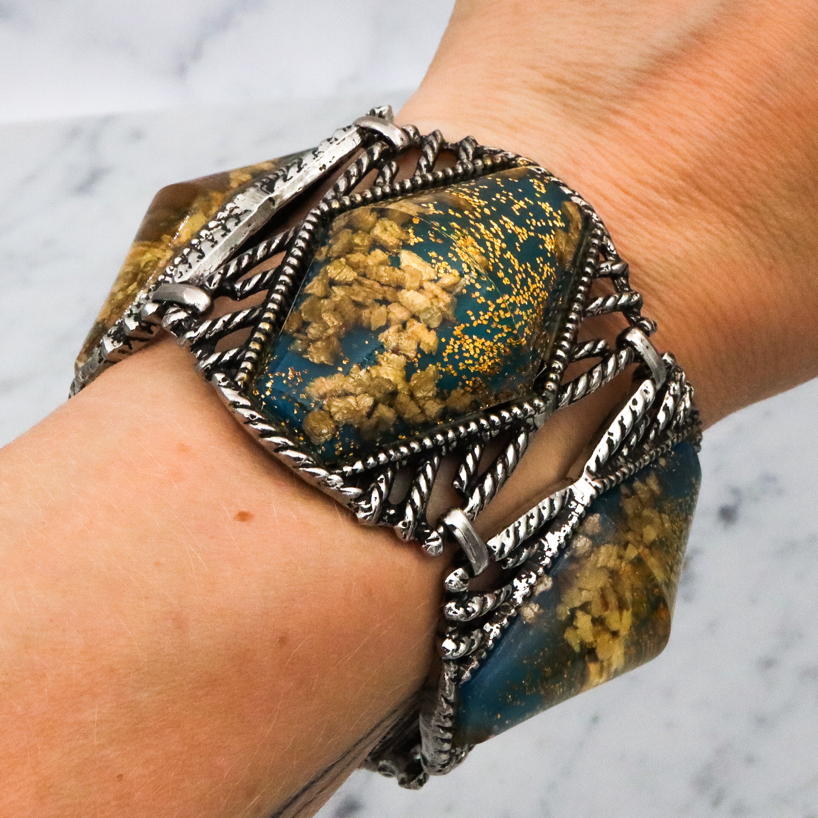 Exceptional MCM hexagonal cabochon tile link bracelet with gold mica flecks