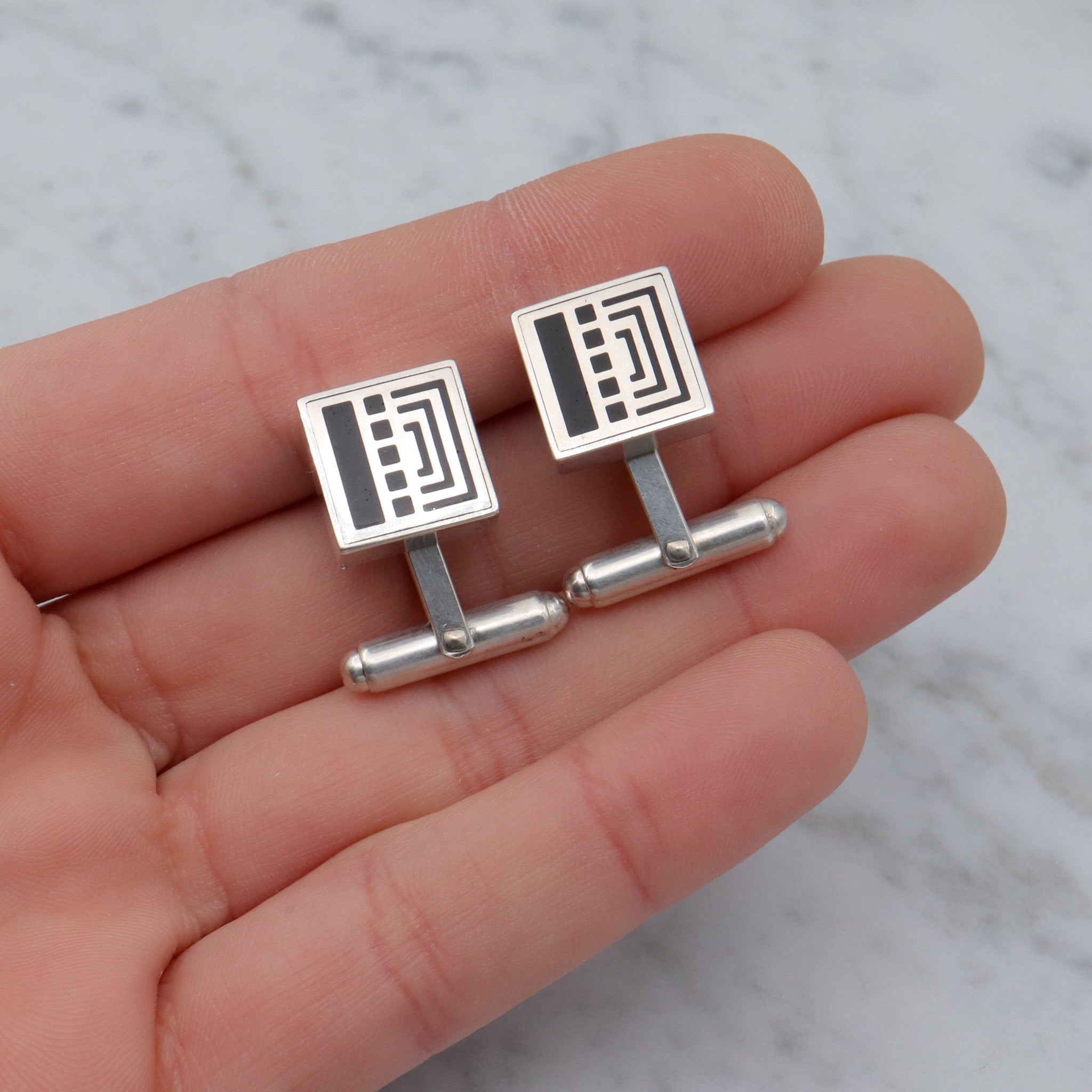 Mid Century Victoria Varga sterling & black enamel cufflinks