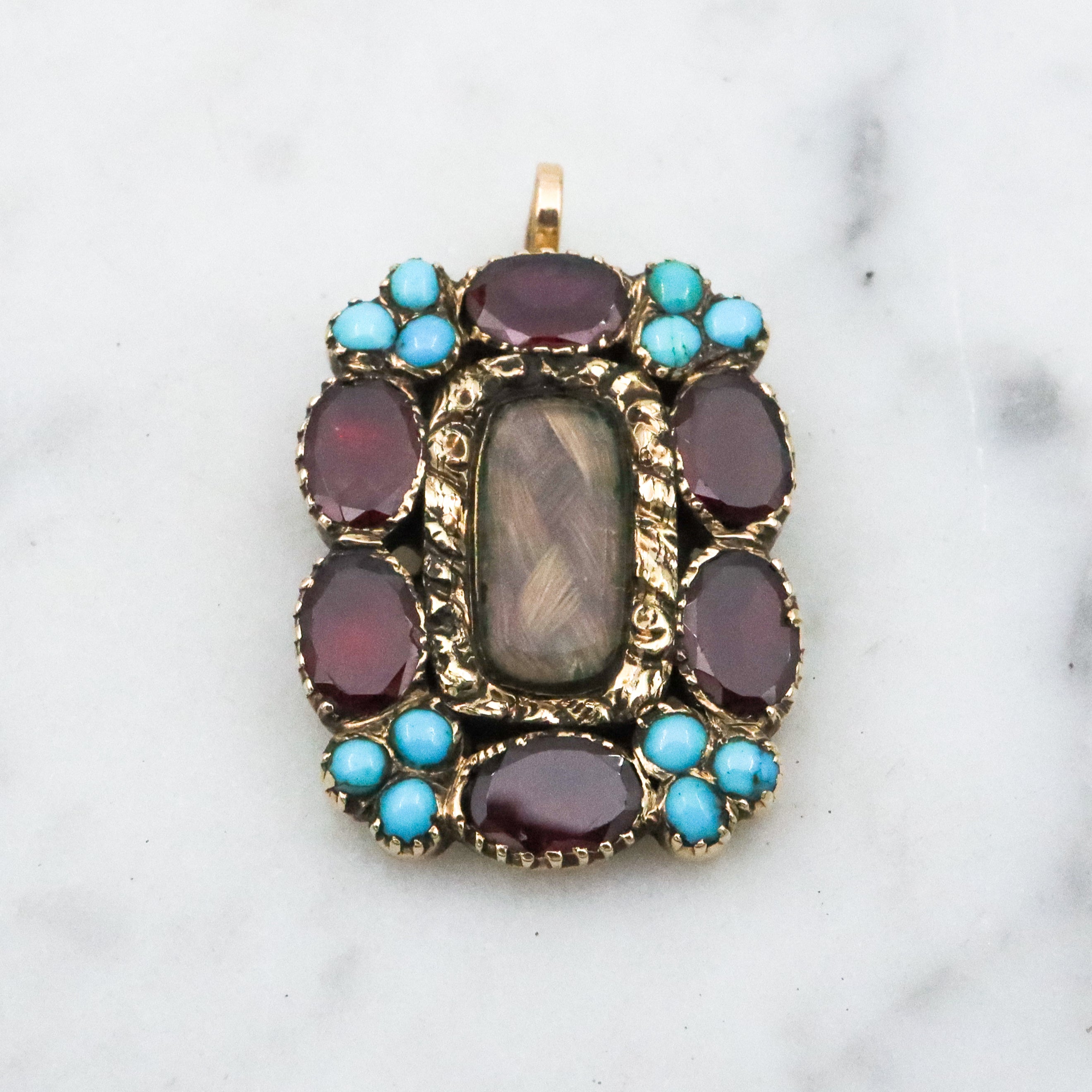 Georgian 10k gold garnet & turquoise hair pendant