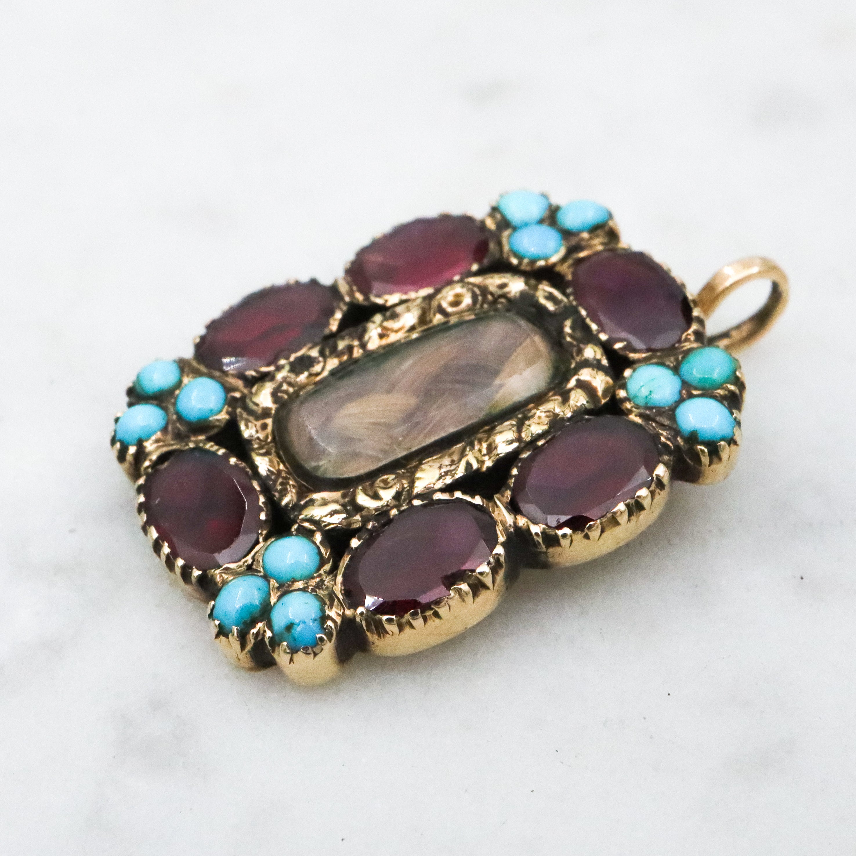 Georgian 10k gold garnet & turquoise hair pendant