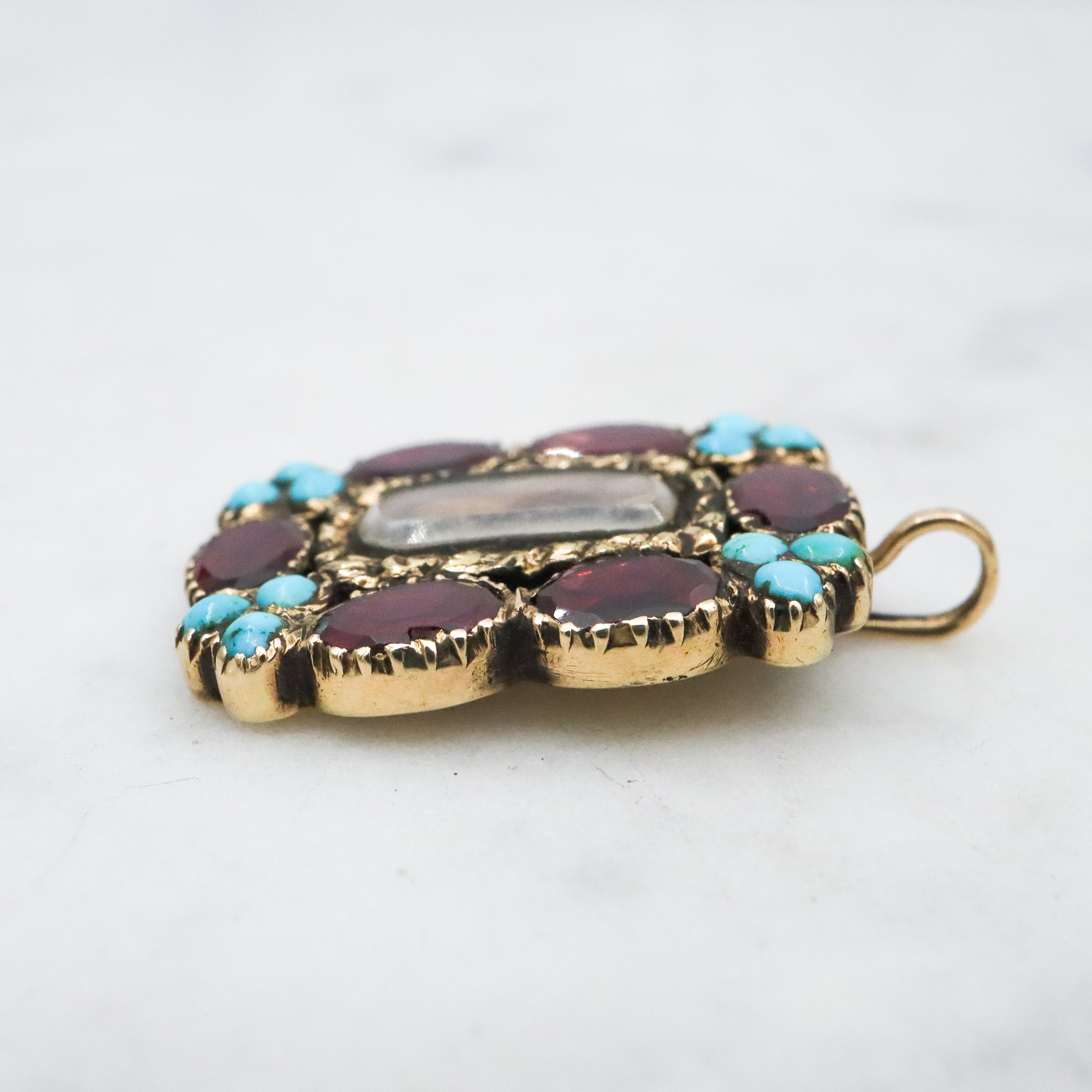 Georgian 10k gold garnet & turquoise hair pendant