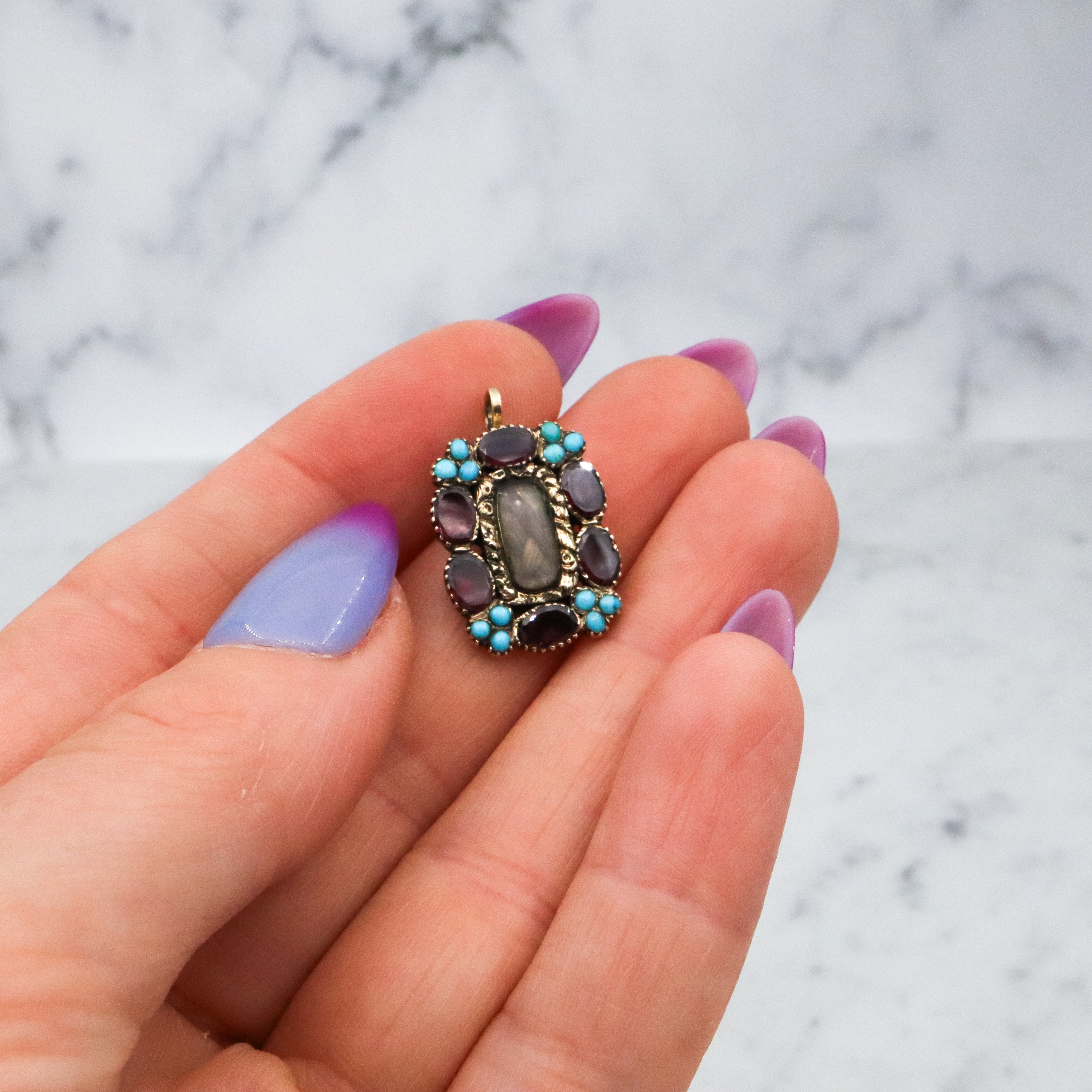 Georgian 10k gold garnet & turquoise hair pendant