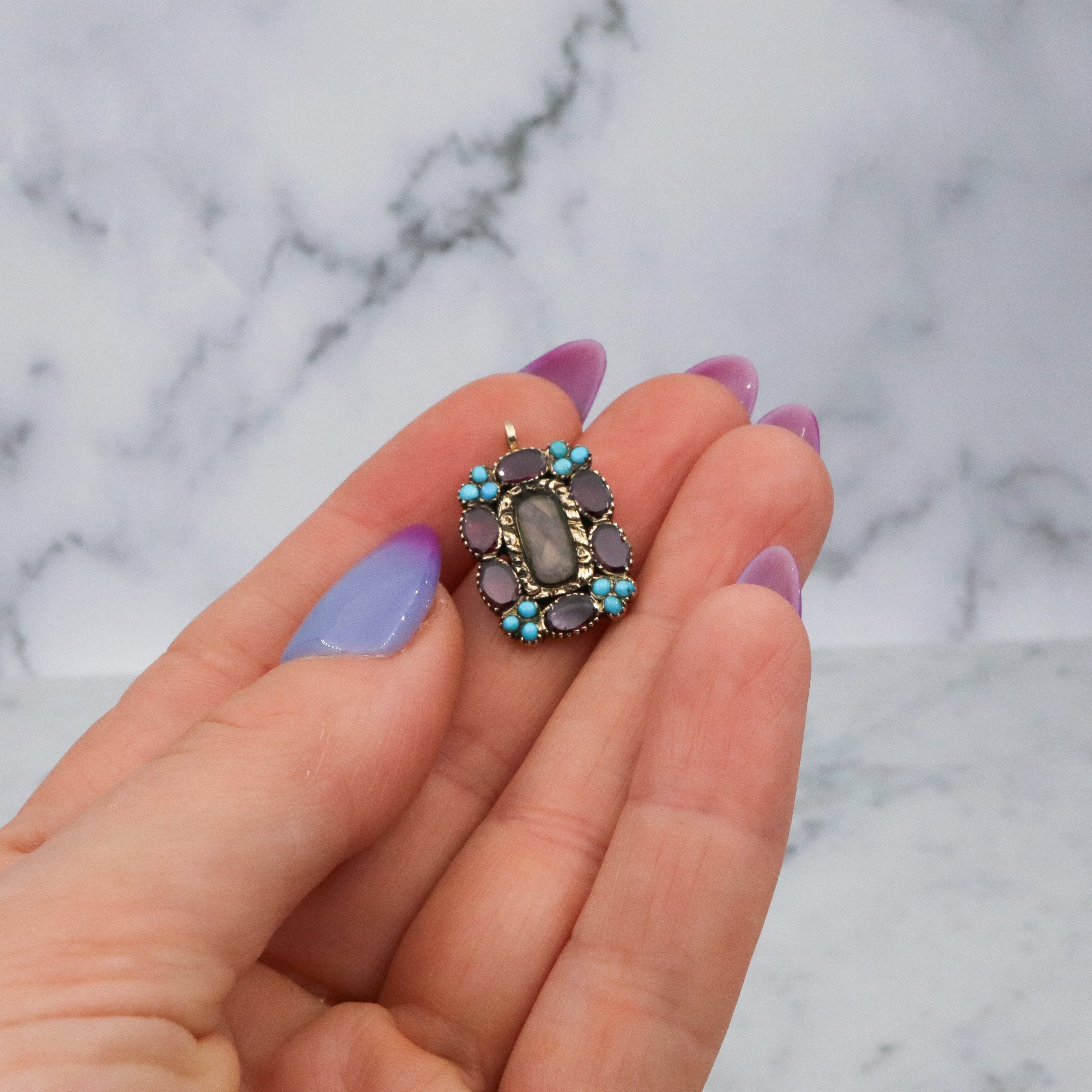 Georgian 10k gold garnet & turquoise hair pendant