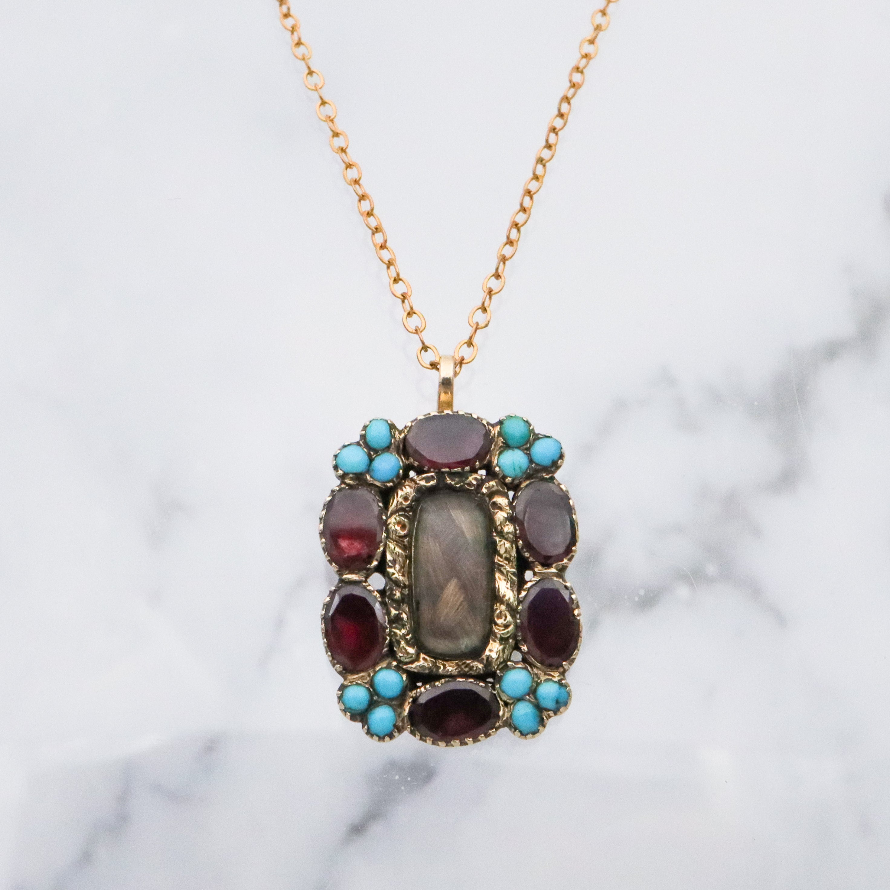 Georgian 10k gold garnet & turquoise hair pendant