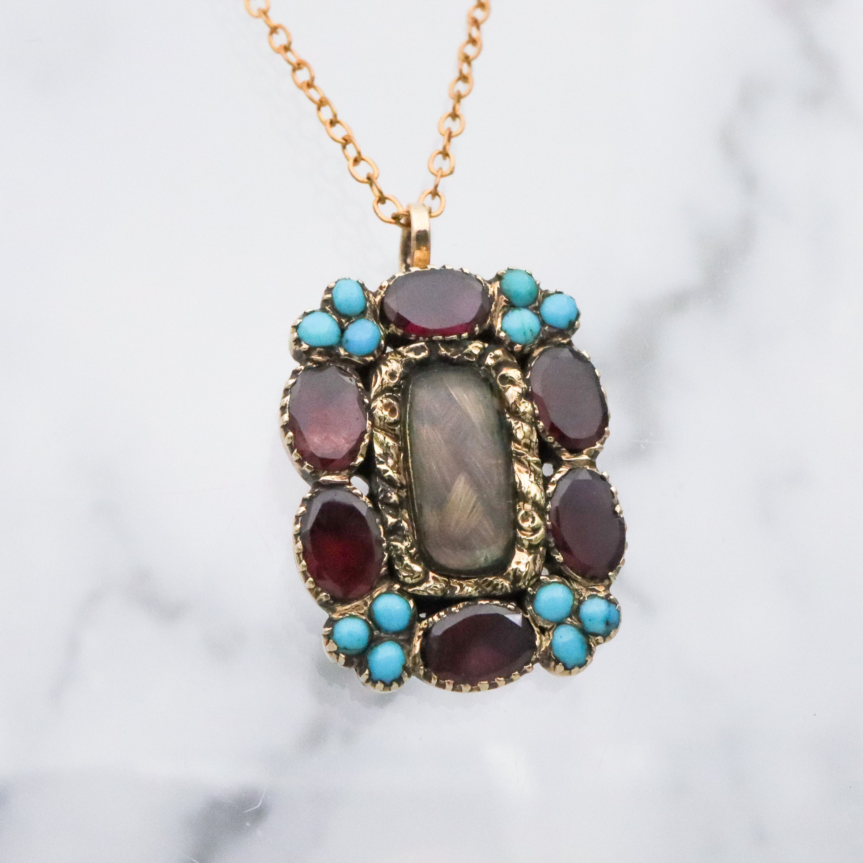 Georgian 10k gold garnet & turquoise hair pendant