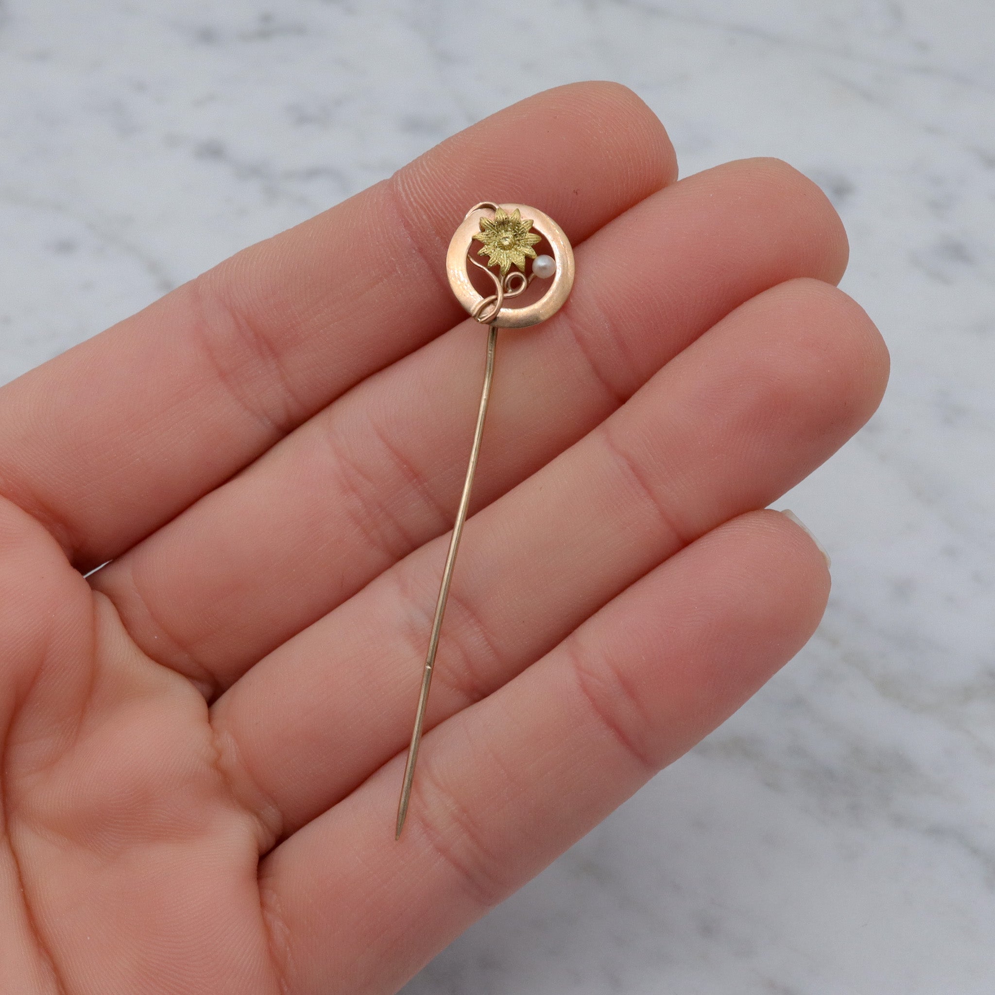 Antique Victorian 14k gold sunflower & pearl circle stick pin