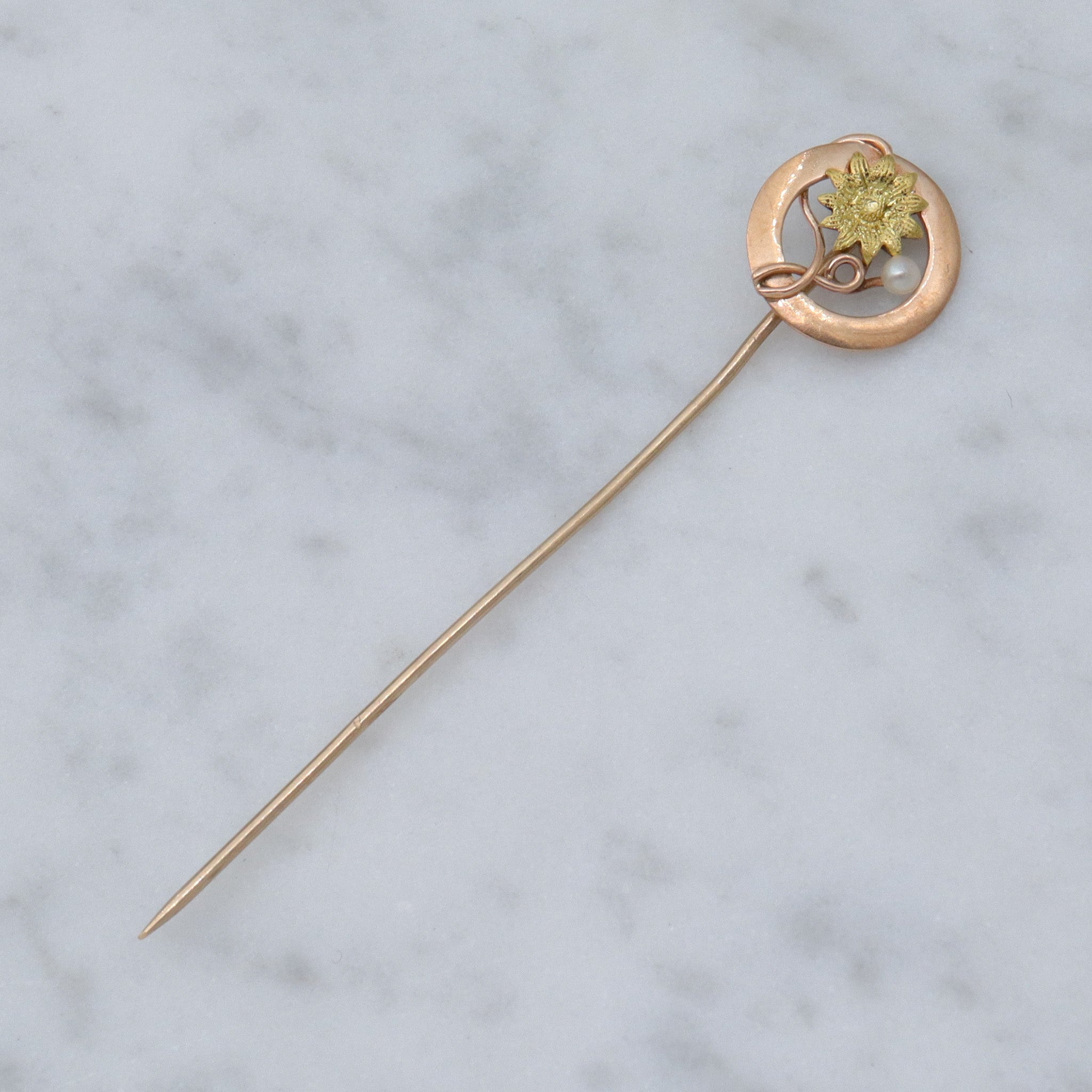 Antique Victorian 14k gold sunflower & pearl circle stick pin