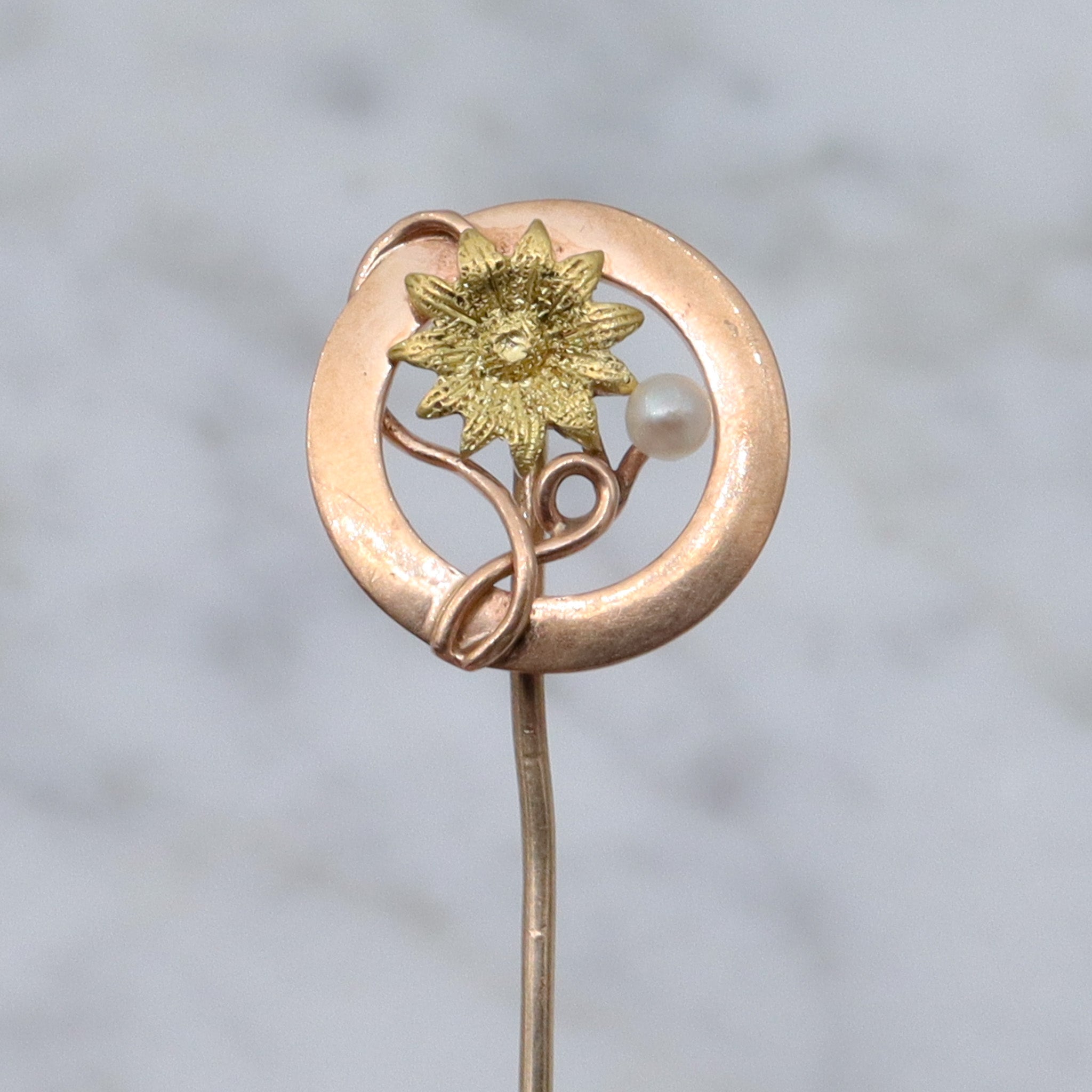 Antique Victorian 14k gold sunflower & pearl circle stick pin
