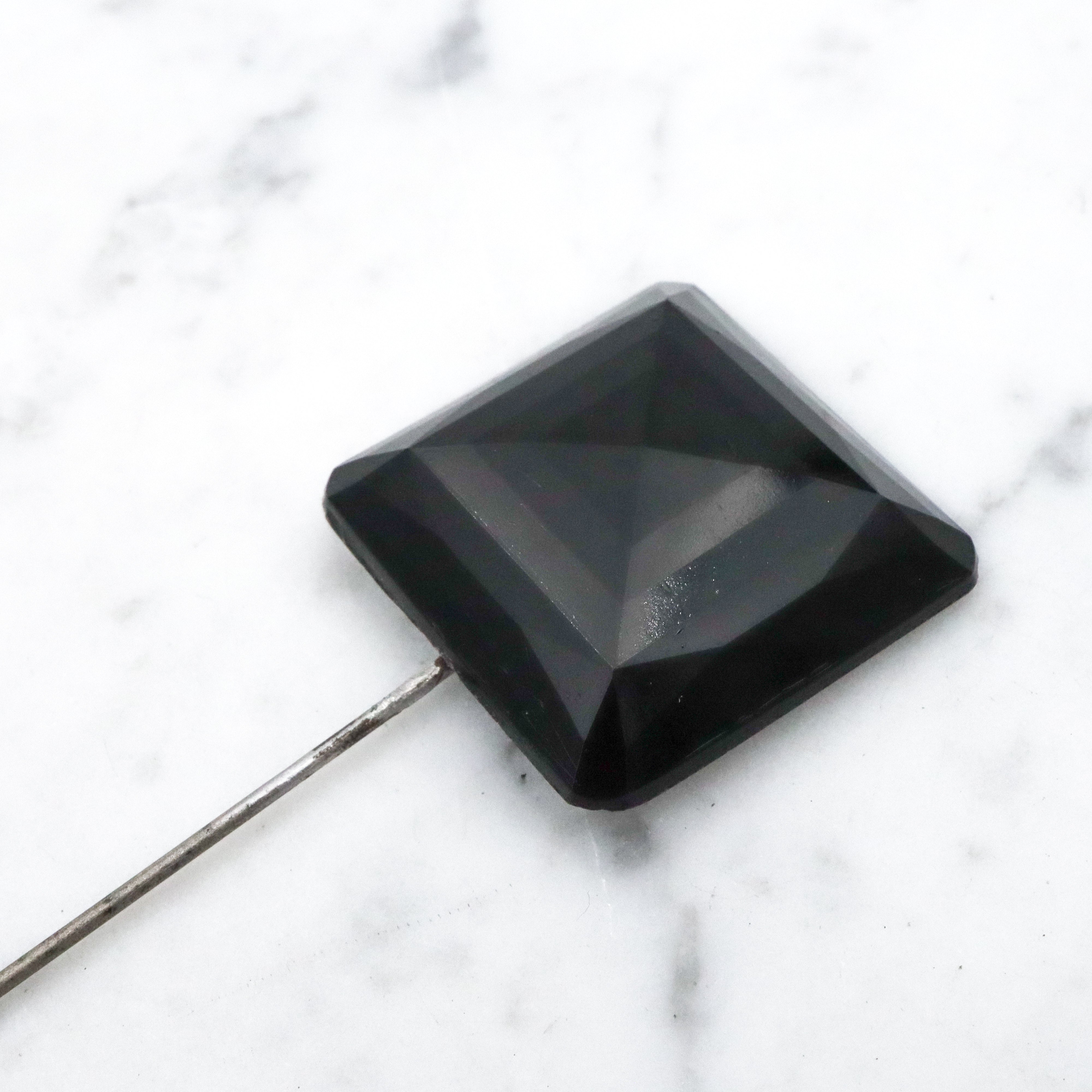 Antique Victorian French jet glass faceted square block stick pin