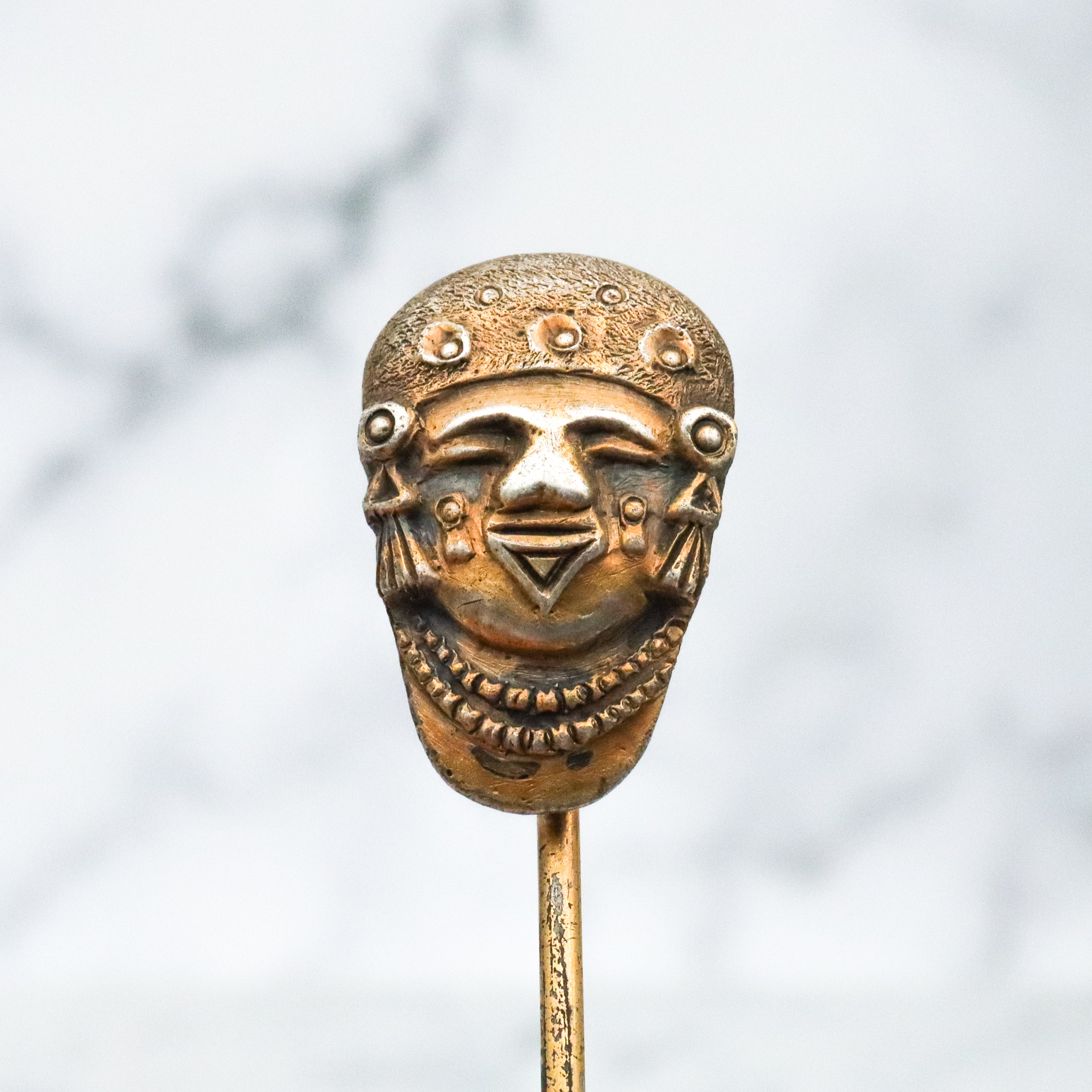 Antique gilt silver Mexican Aztec tribal mask stick pin