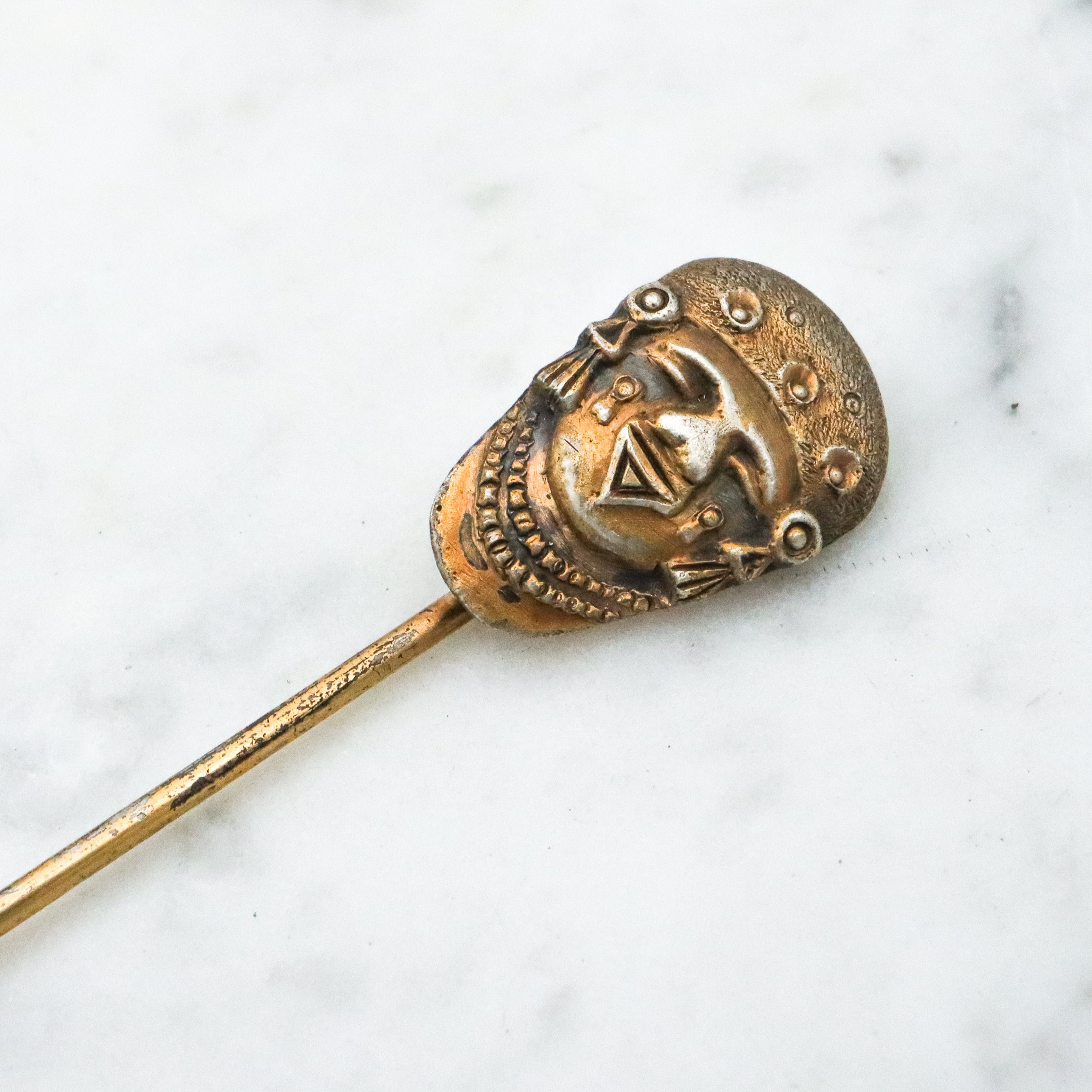 Antique gilt silver Mexican Aztec tribal mask stick pin
