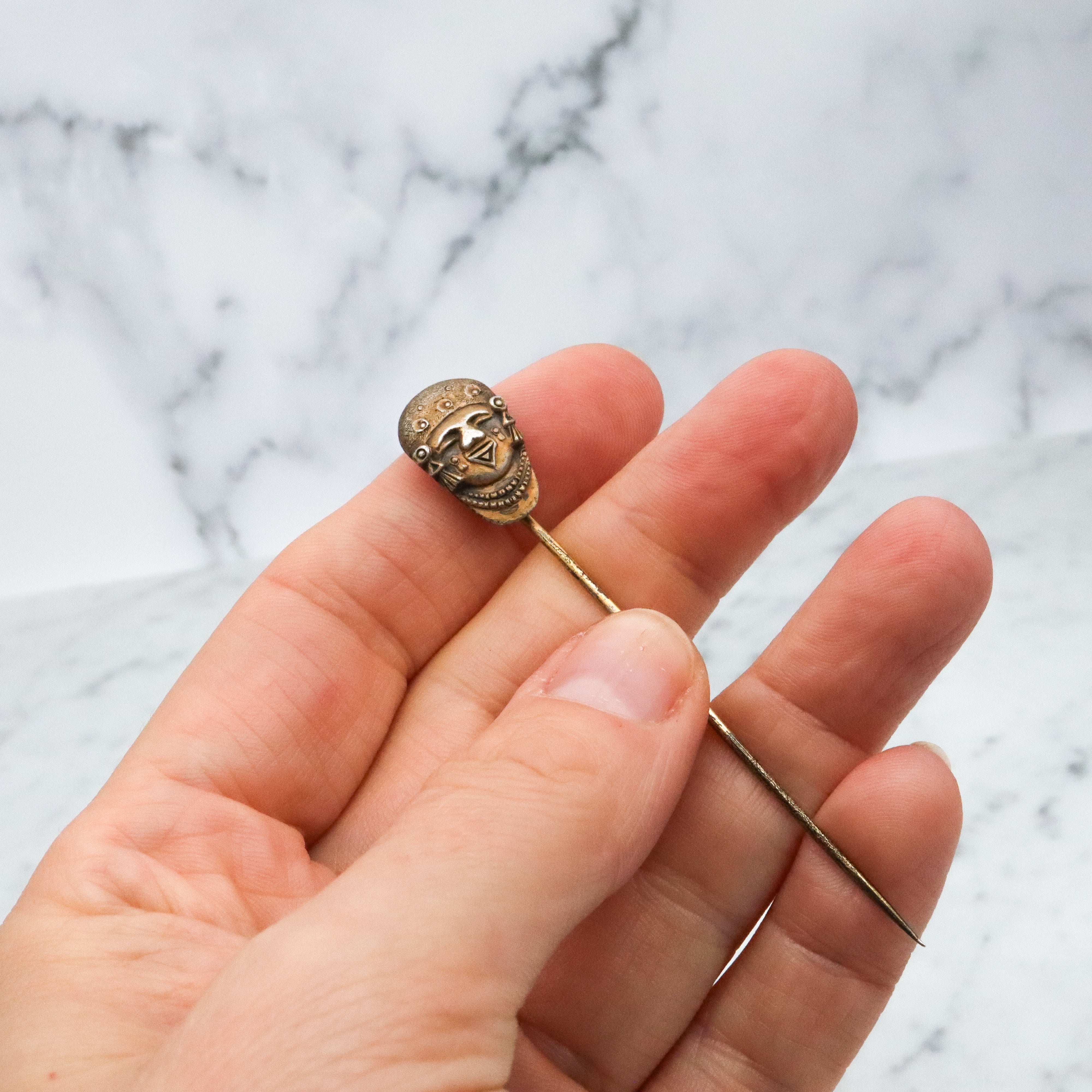 Antique gilt silver Mexican Aztec tribal mask stick pin