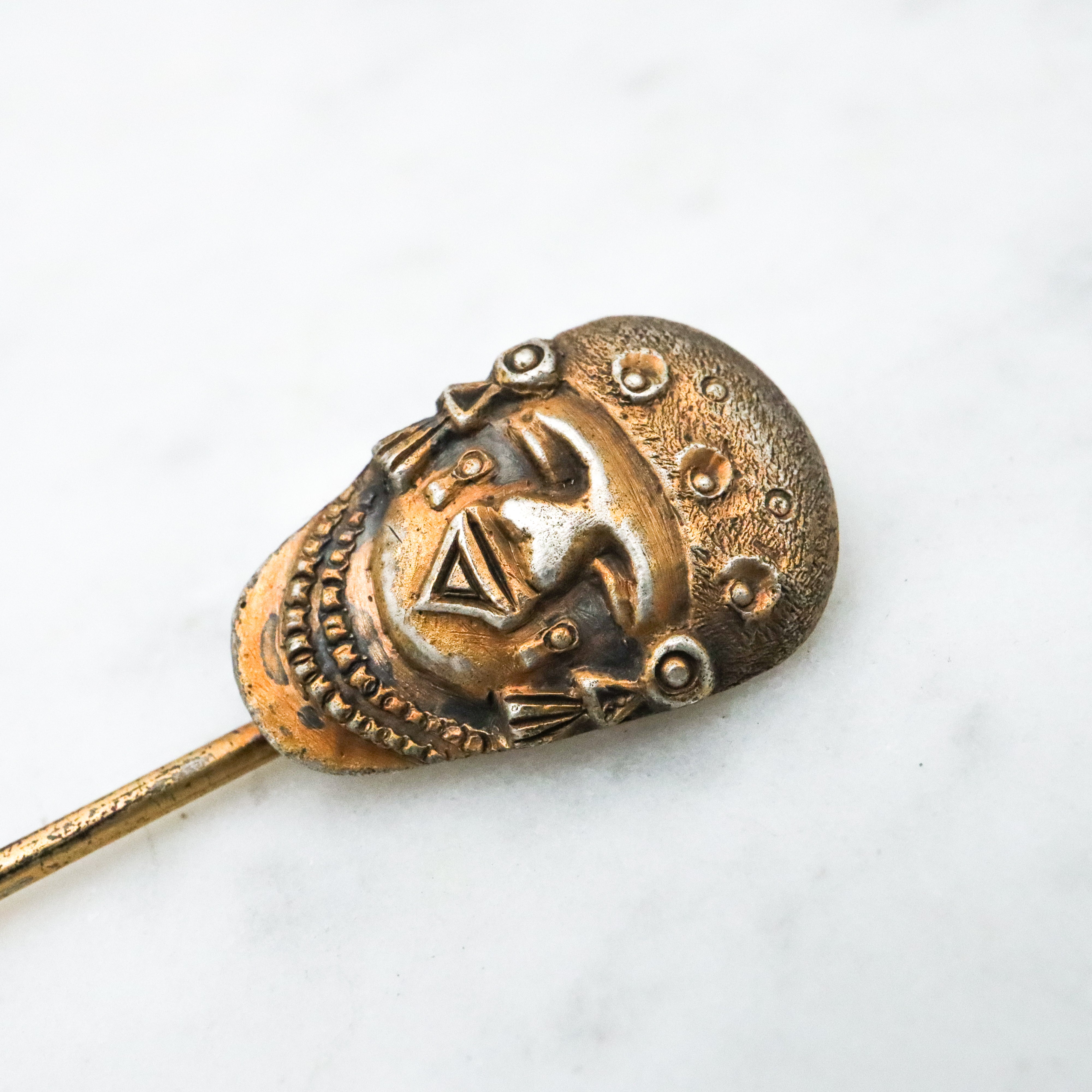 Antique gilt silver Mexican Aztec tribal mask stick pin
