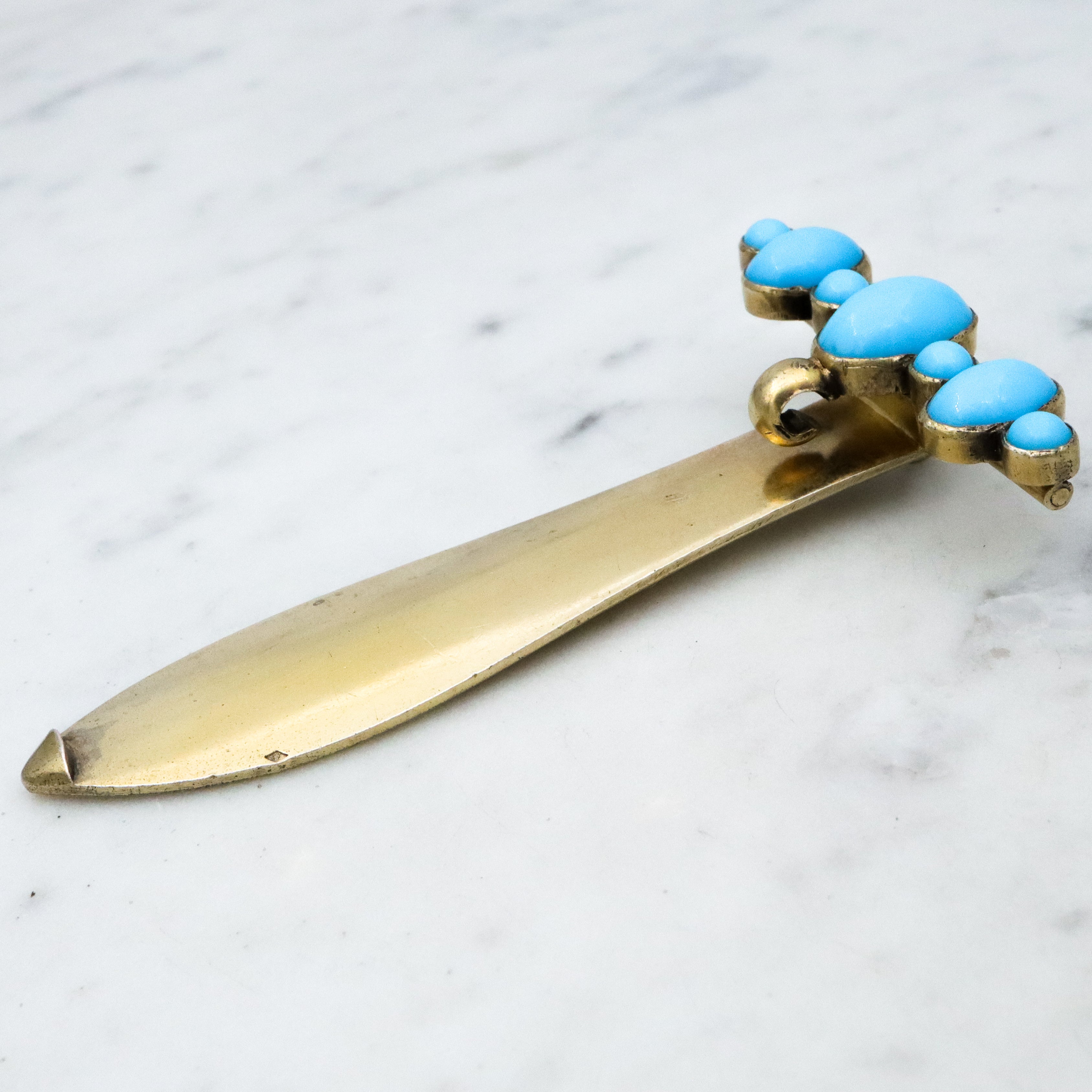 Antique French Victorian gilt silver turquoise hinged chatelaine clip