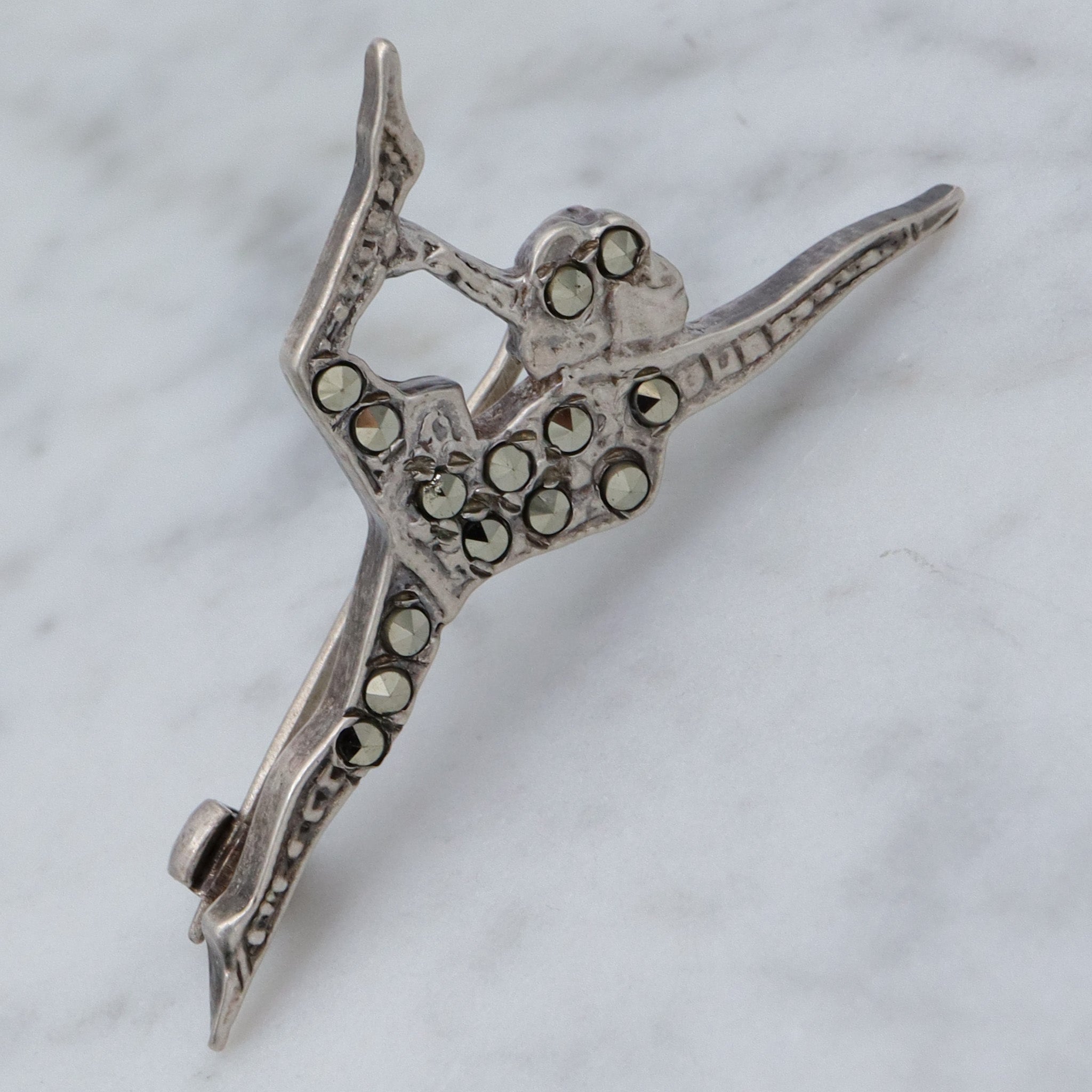 Antique Art Deco sterling marcasite figural gymnast brooch
