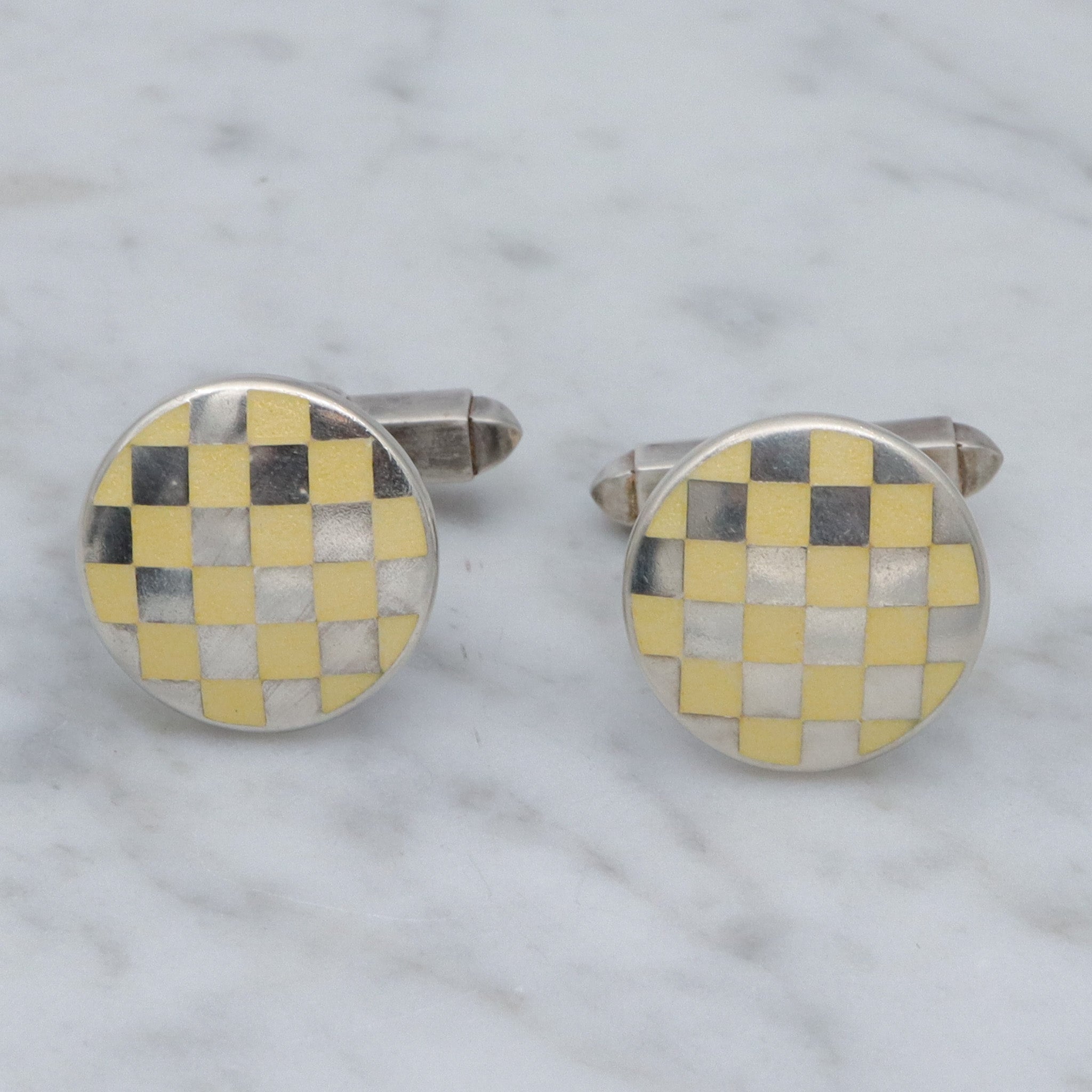 Retro English sterling guilloche enamel circle checkerboard cufflinks by KJD