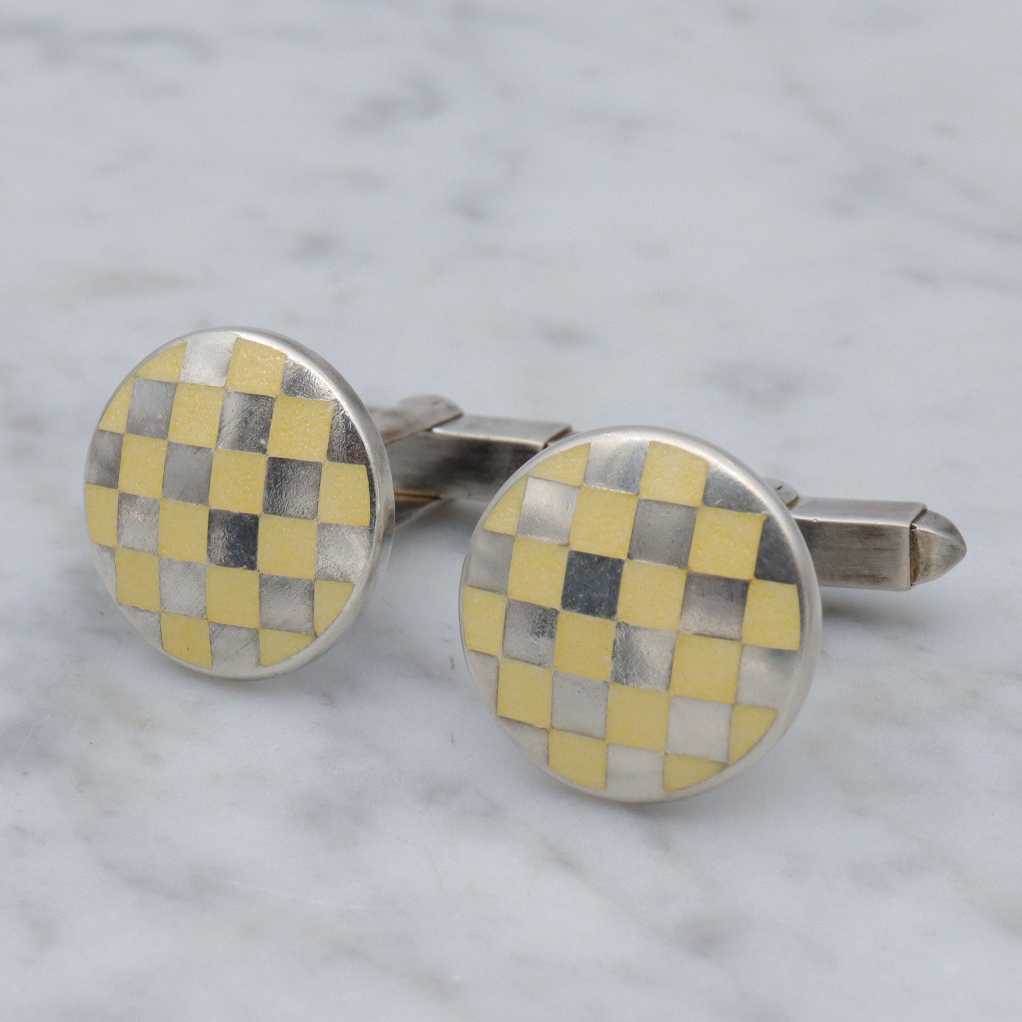 Retro English sterling guilloche enamel circle checkerboard cufflinks by KJD