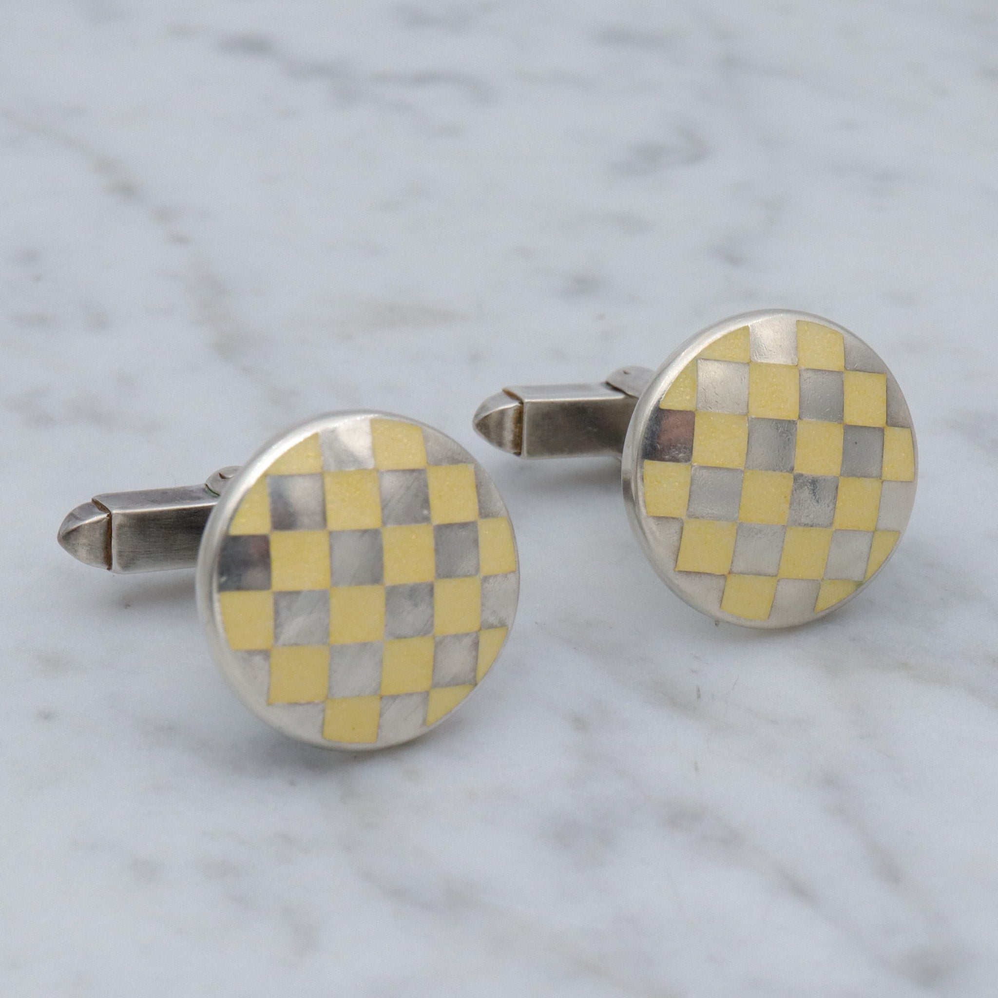 Retro English sterling guilloche enamel circle checkerboard cufflinks by KJD