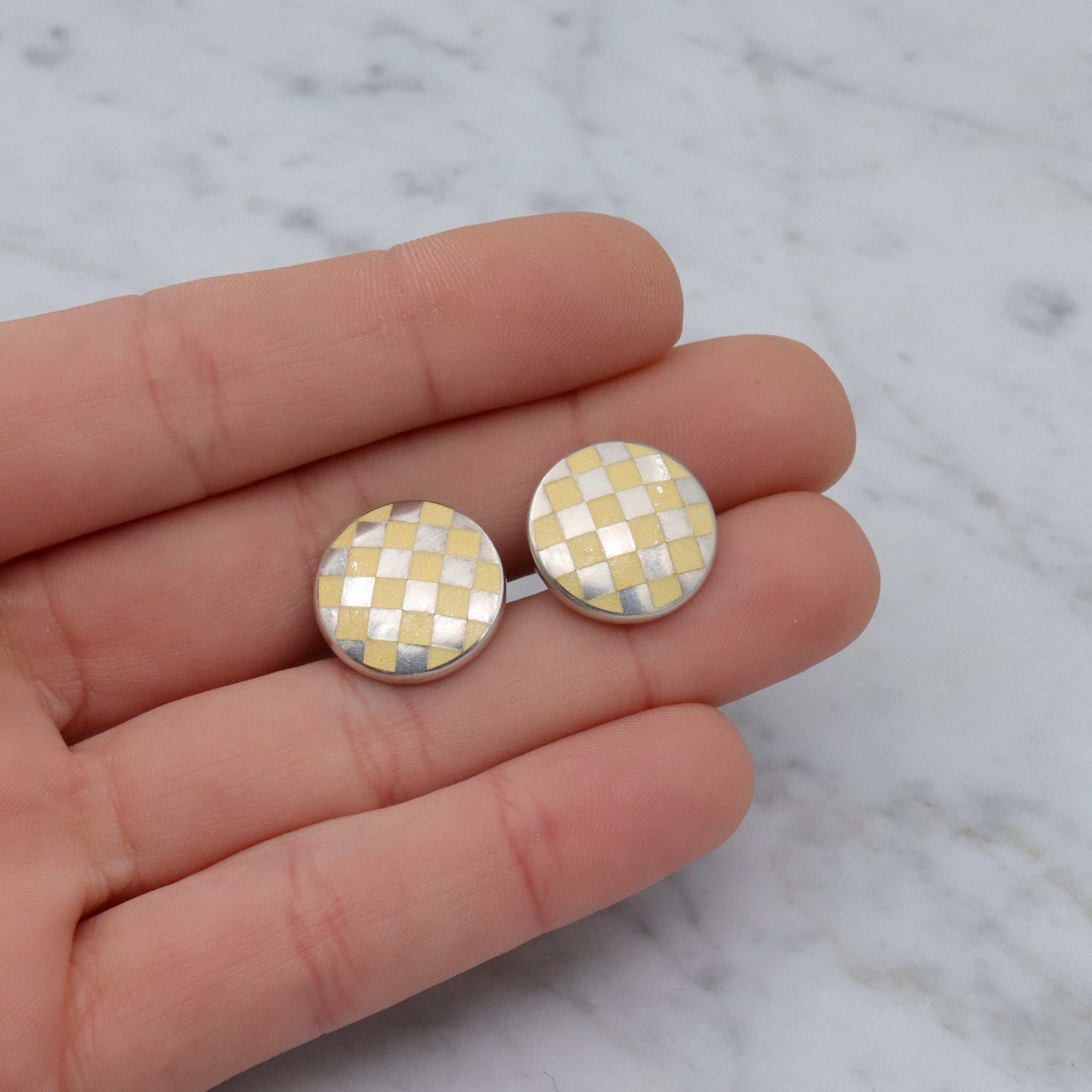 Retro English sterling guilloche enamel circle checkerboard cufflinks by KJD