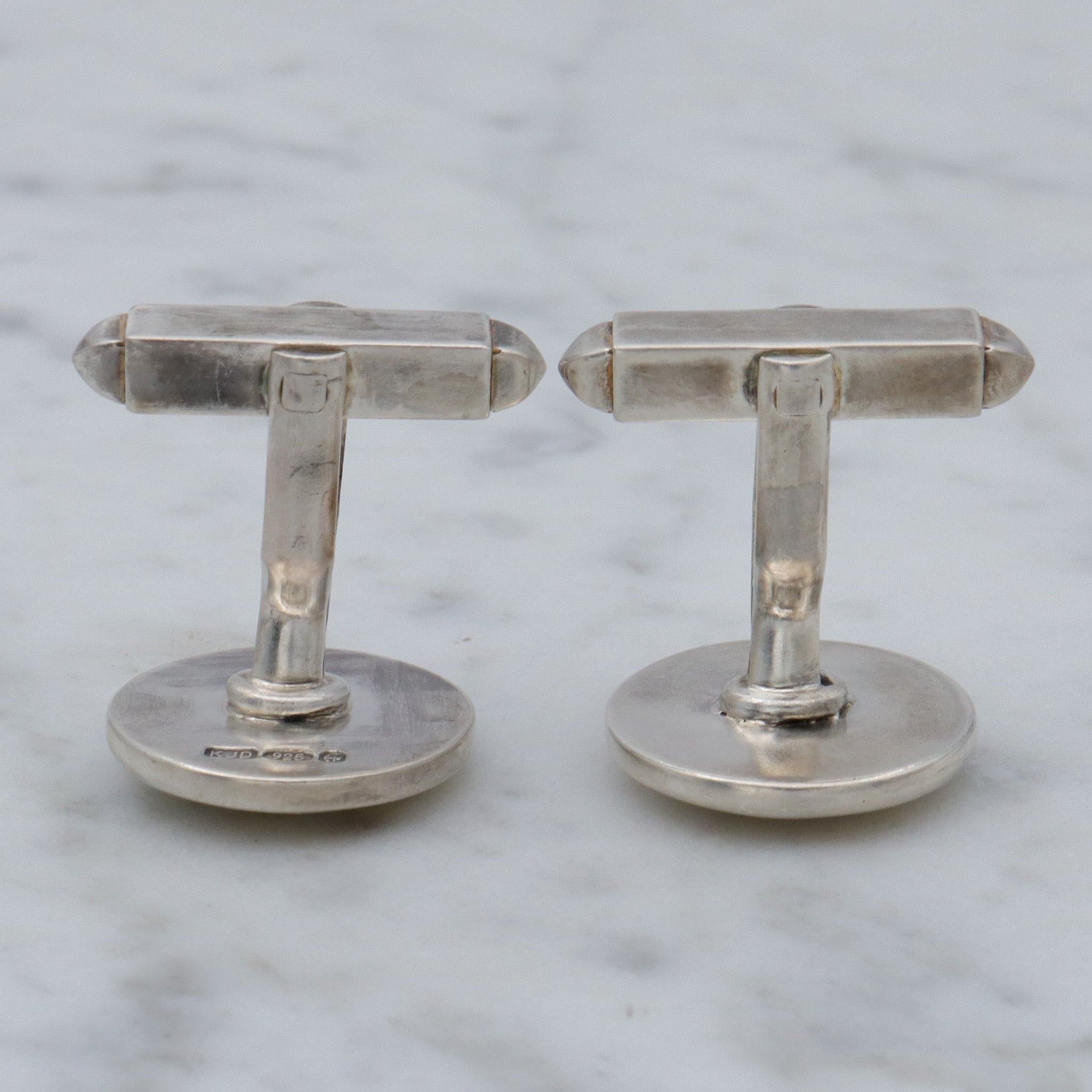 Retro English sterling guilloche enamel circle checkerboard cufflinks by KJD