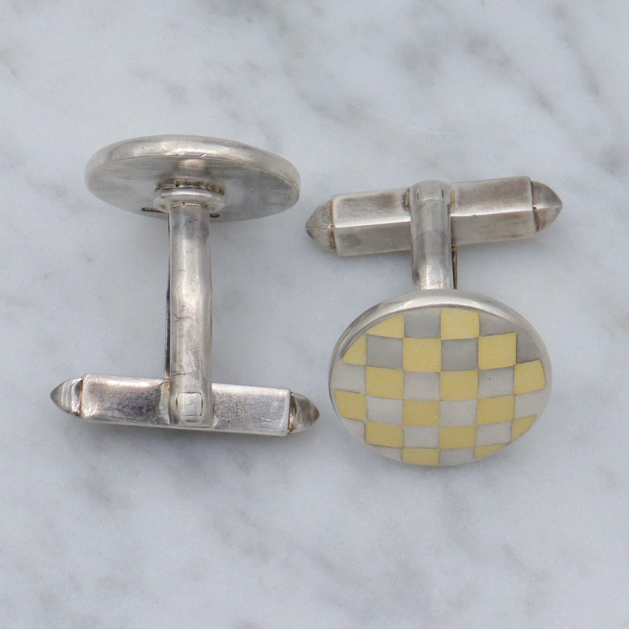 Retro English sterling guilloche enamel circle checkerboard cufflinks by KJD