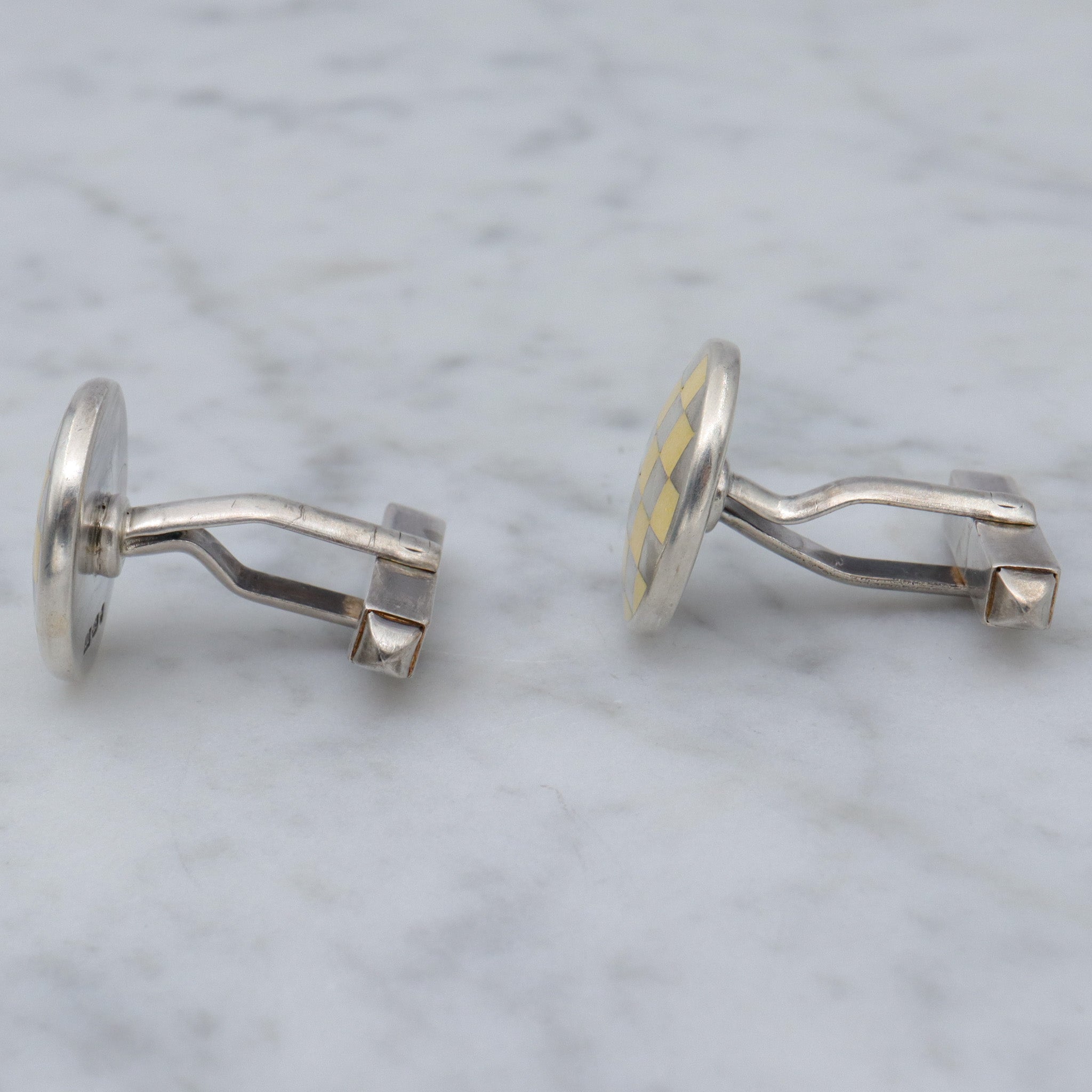 Retro English sterling guilloche enamel circle checkerboard cufflinks by KJD