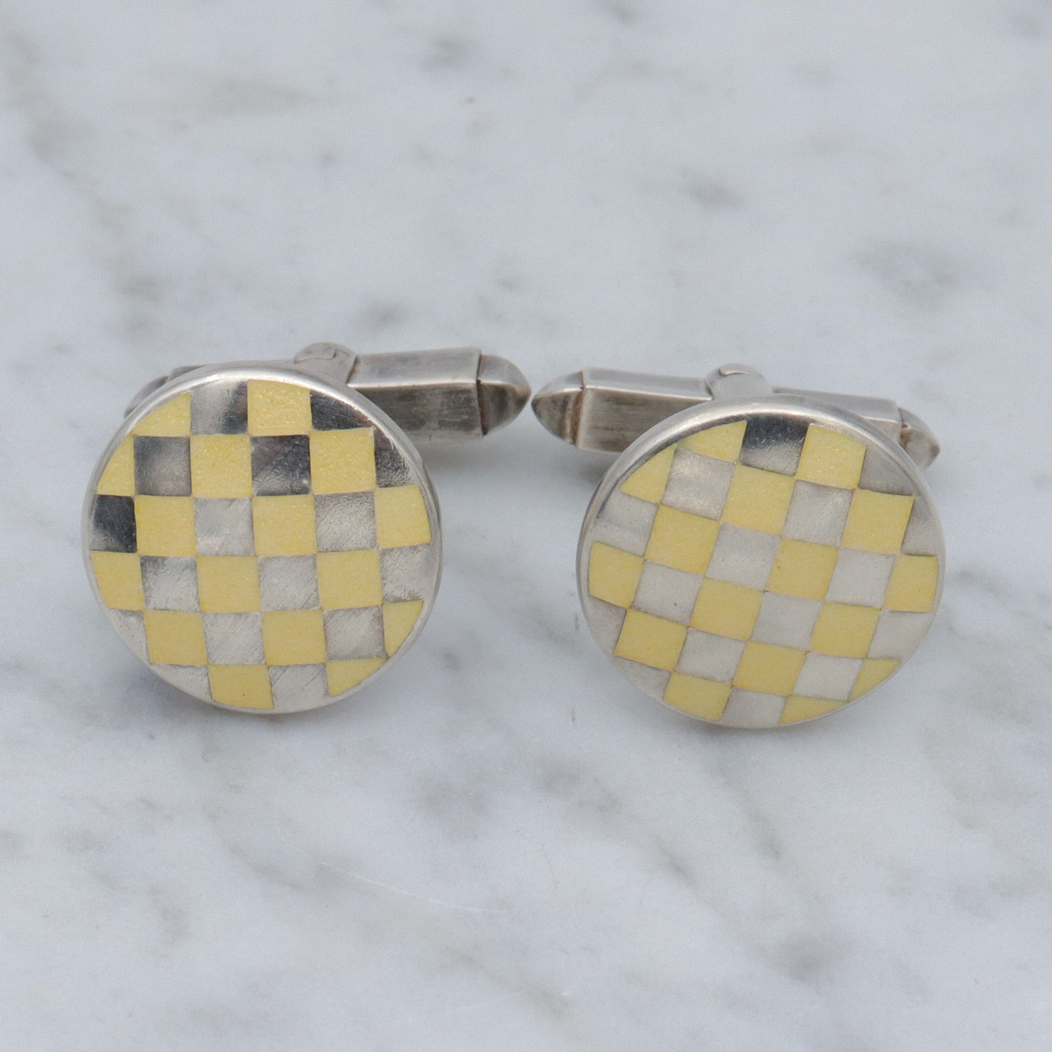 Retro English sterling guilloche enamel circle checkerboard cufflinks by KJD