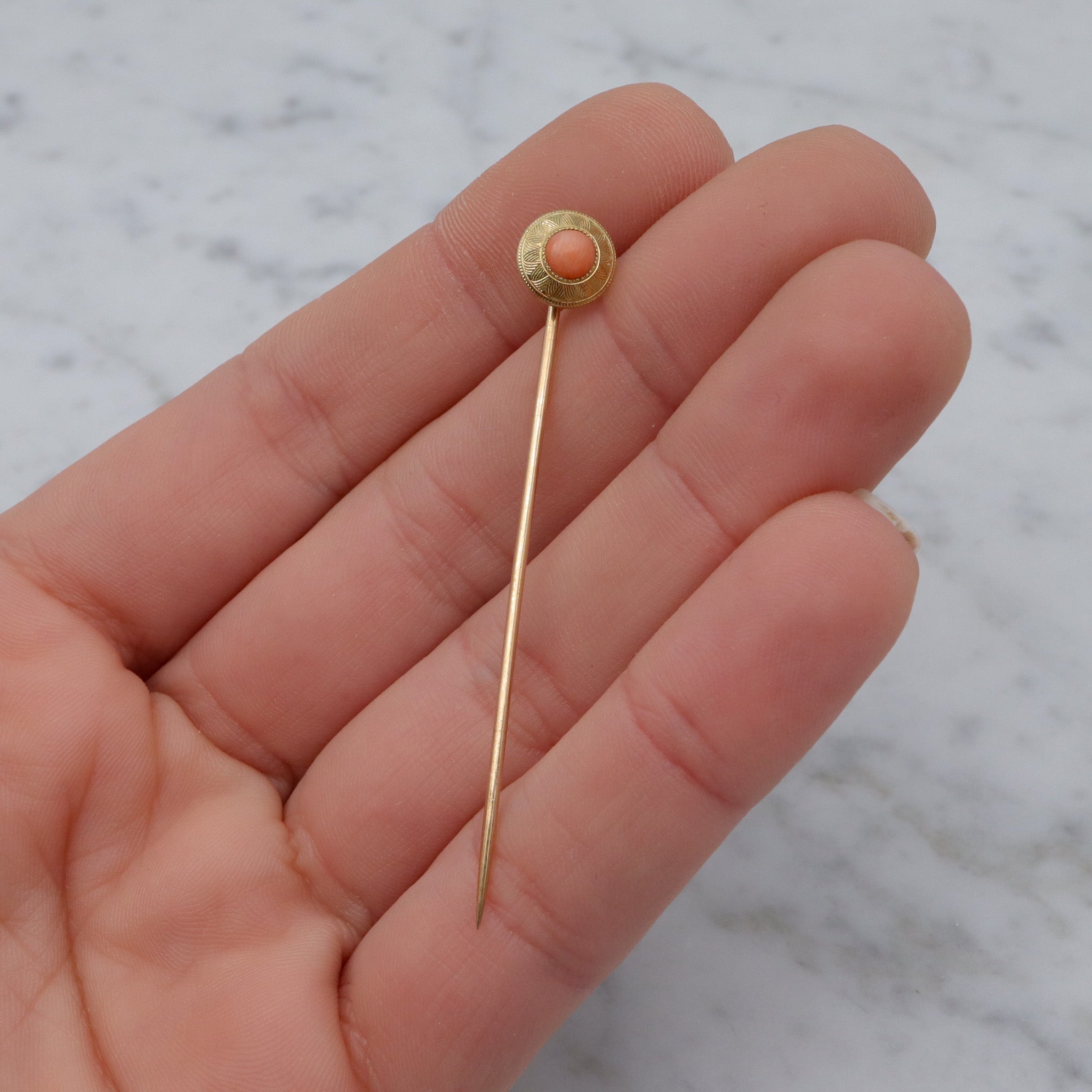 Antique Victorian 14k gold angel skin coral stick pin