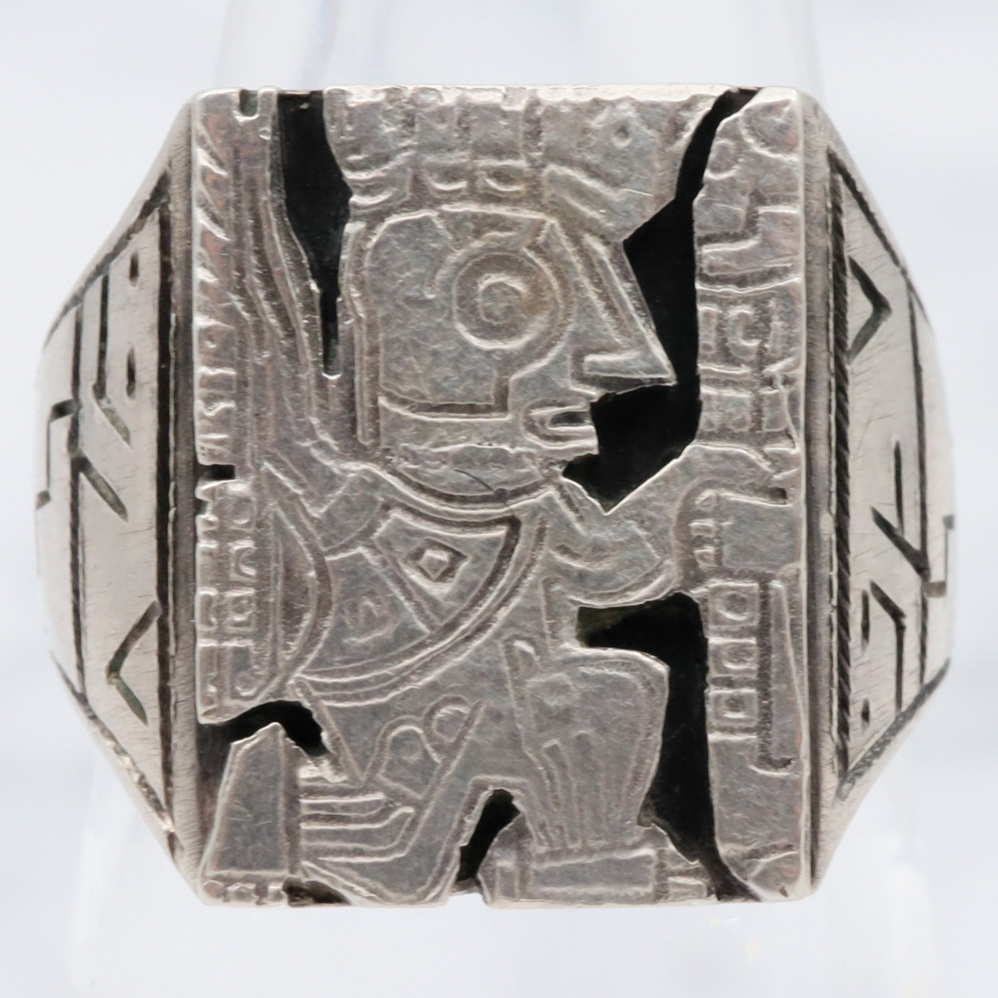 Antique Peruvian .900 silver Incan diety block ring, sz 5.25