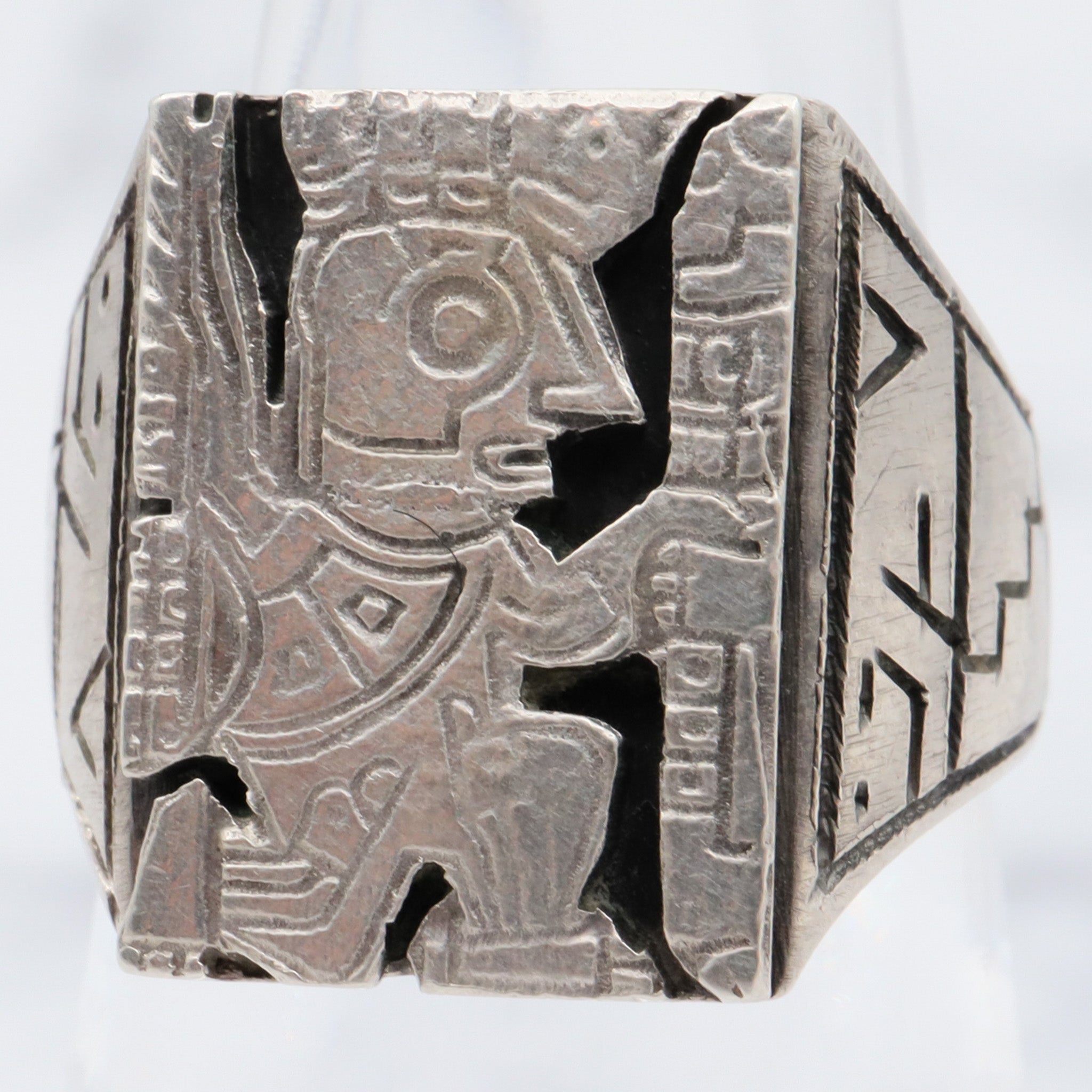 Antique Peruvian .900 silver Incan diety block ring, sz 5.25