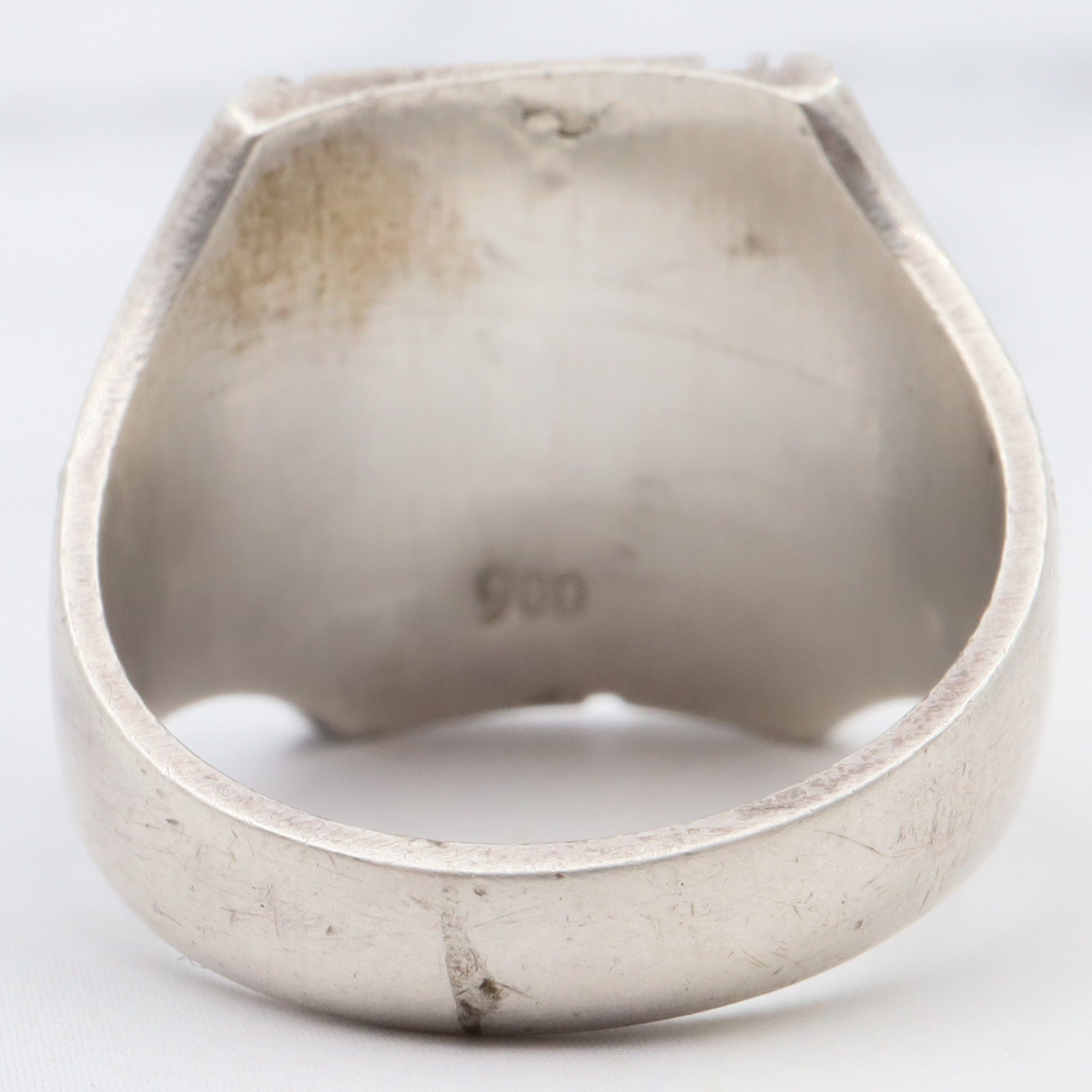 Antique Peruvian .900 silver Incan diety block ring, sz 5.25