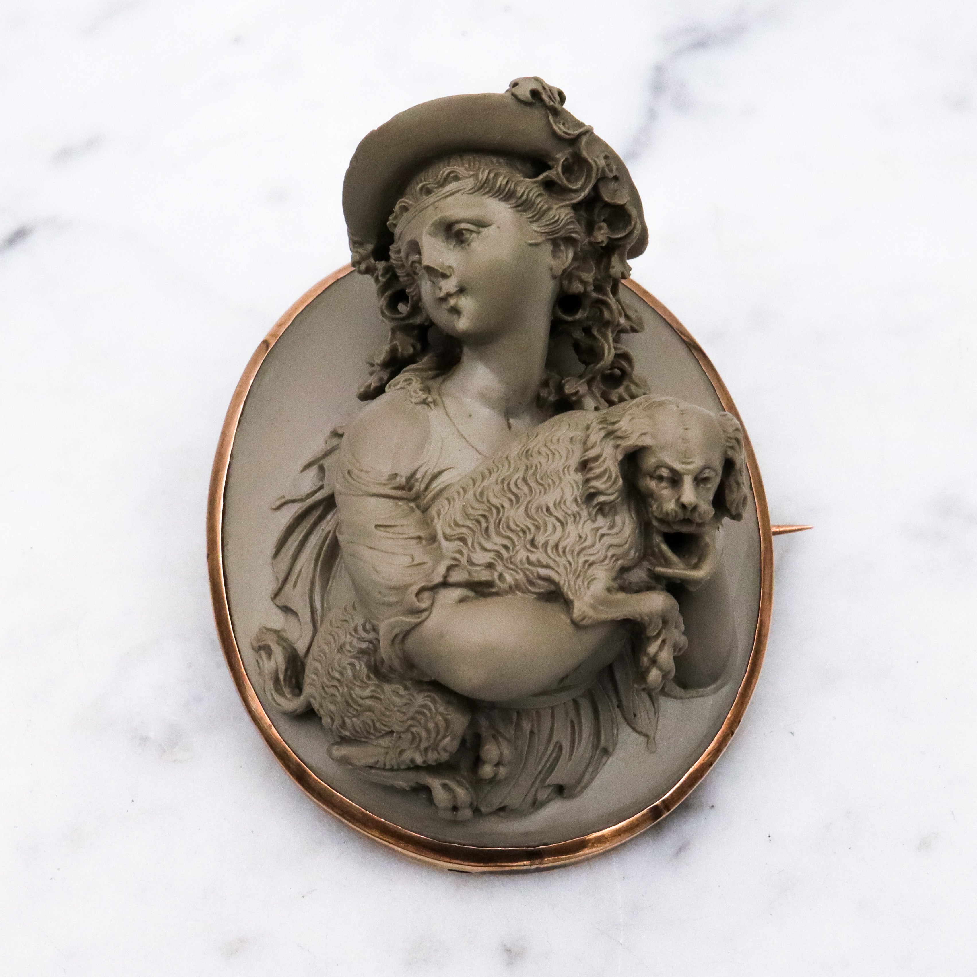Extraordinary early Victorian high relief carved lava cameo gold filled brooch