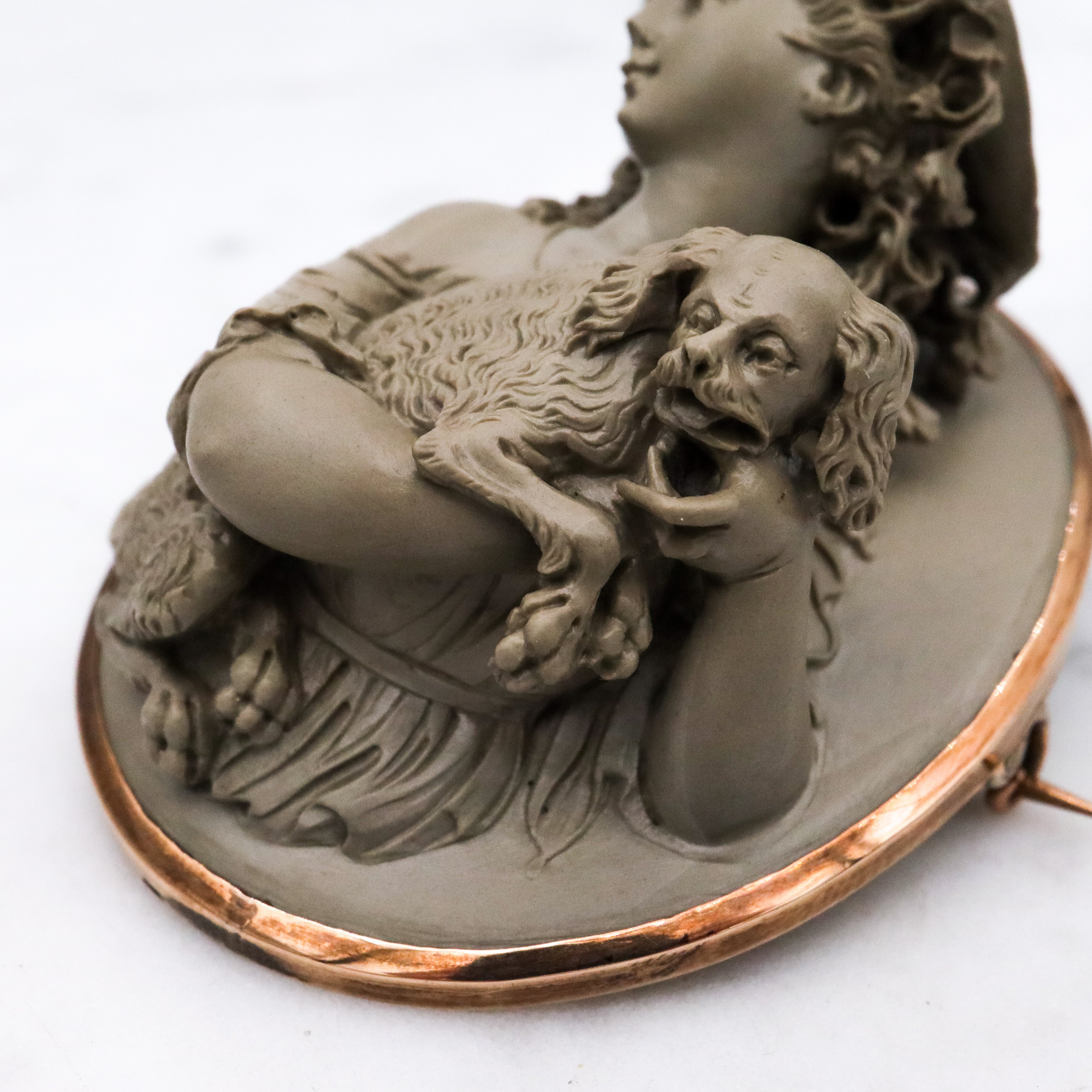 Extraordinary early Victorian high relief carved lava cameo gold filled brooch