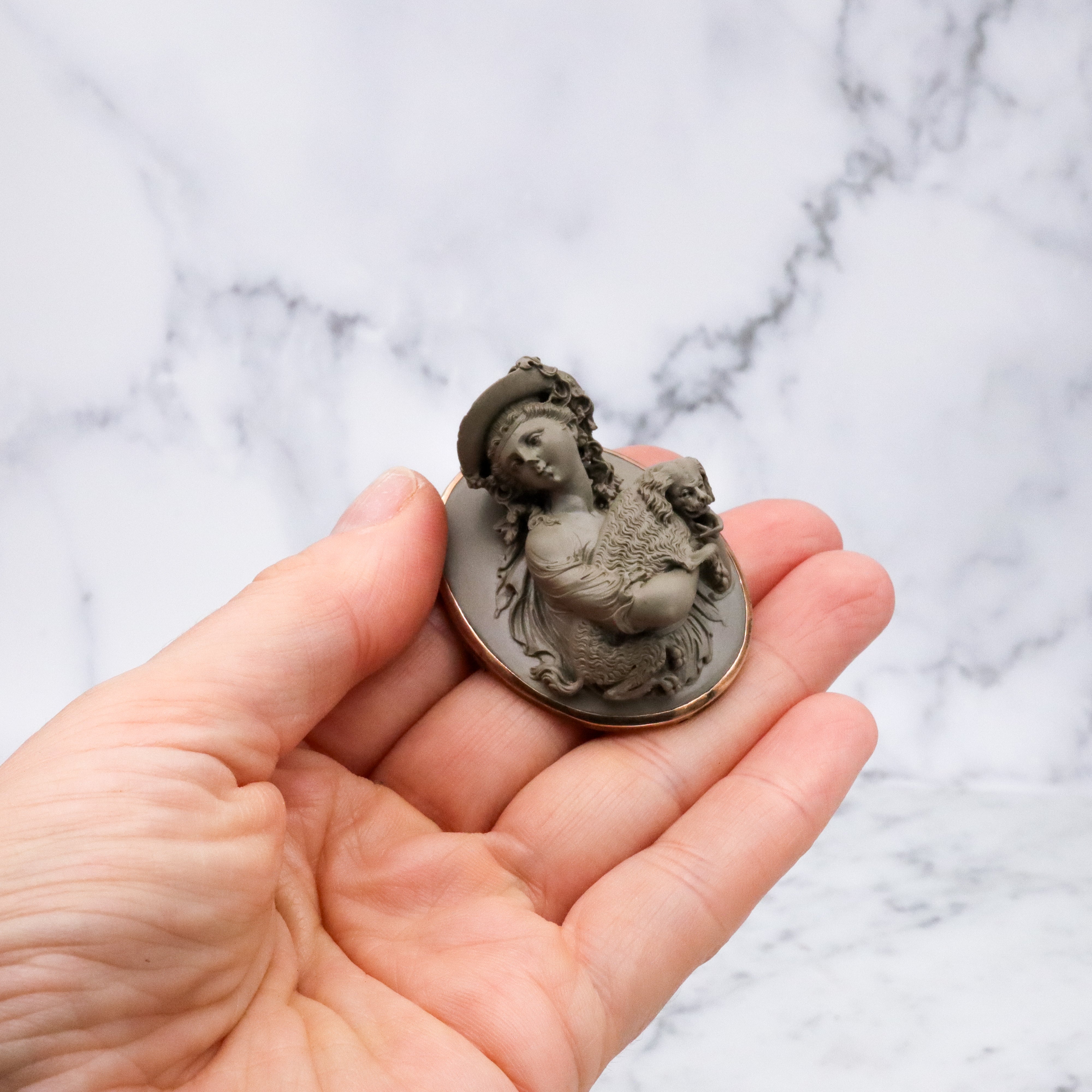 Extraordinary early Victorian high relief carved lava cameo gold filled brooch