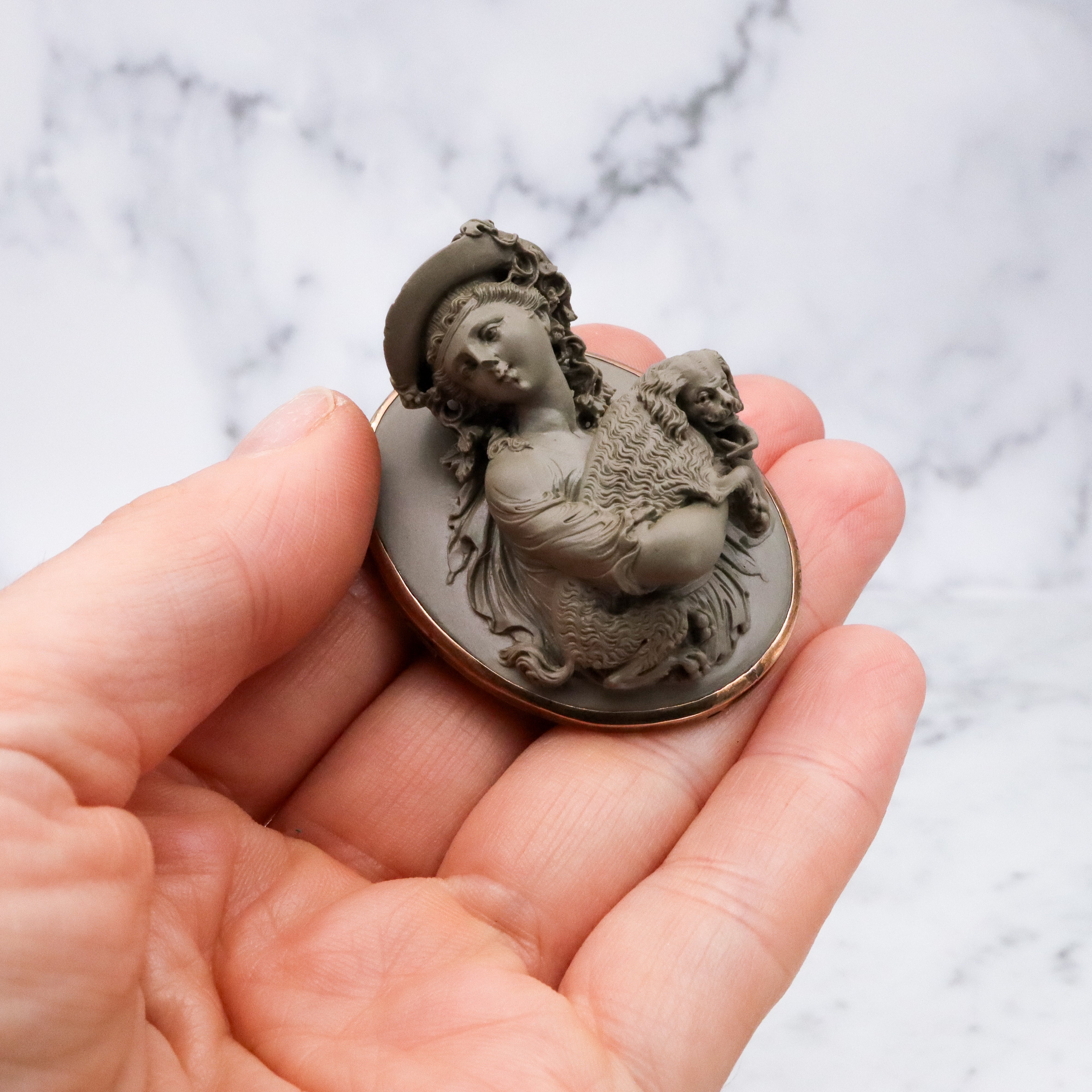 Extraordinary early Victorian high relief carved lava cameo gold filled brooch