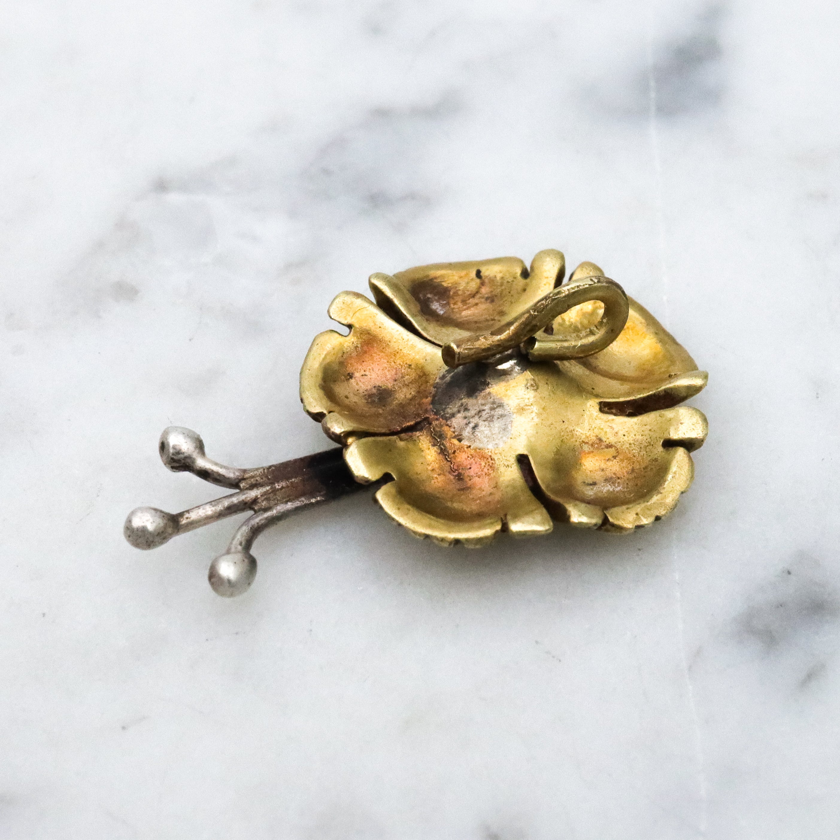 Antique Art Nouveau brass & silver pansy pendant