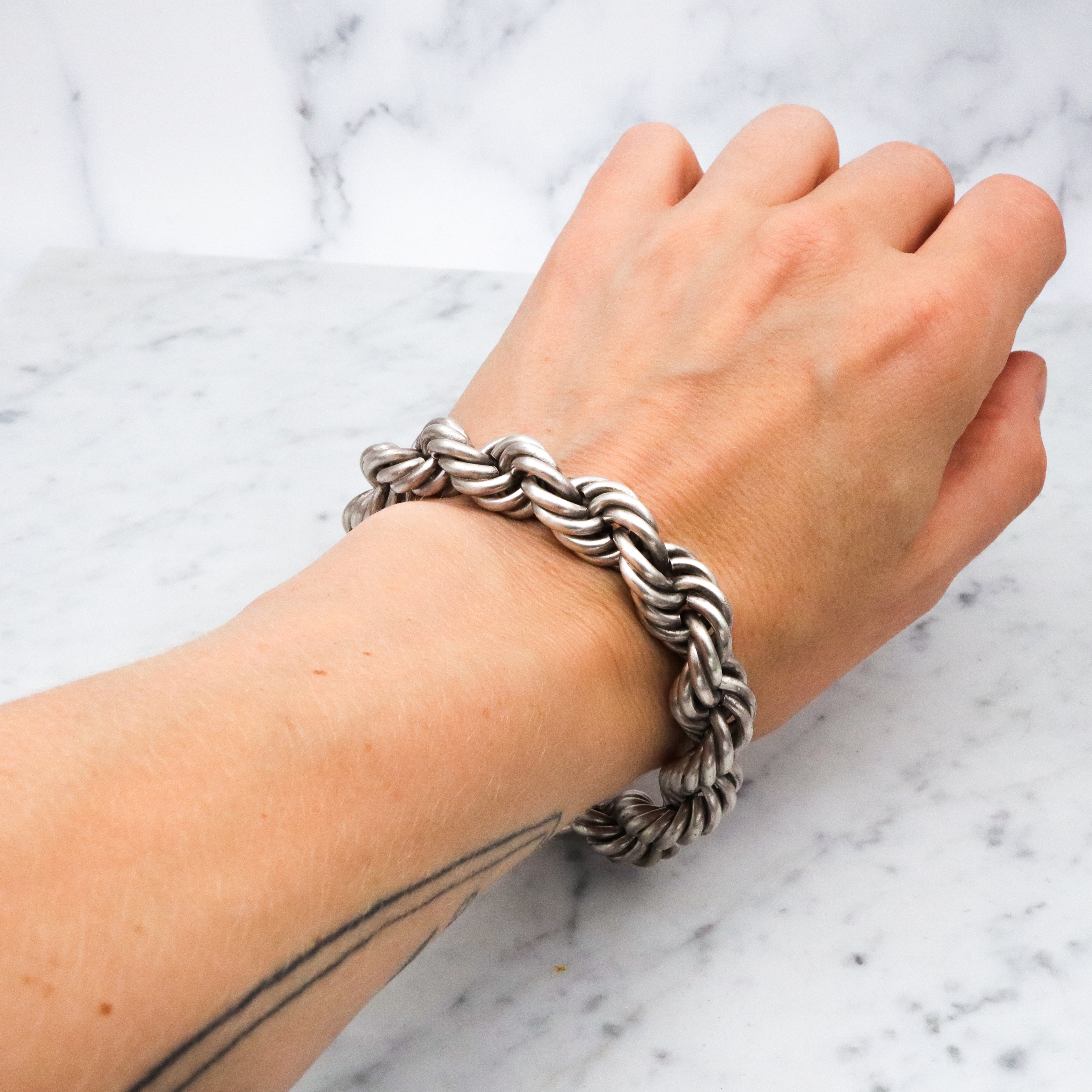 Rare Edwardian sterling Simons Bros thick rope bracelet with heart padlock