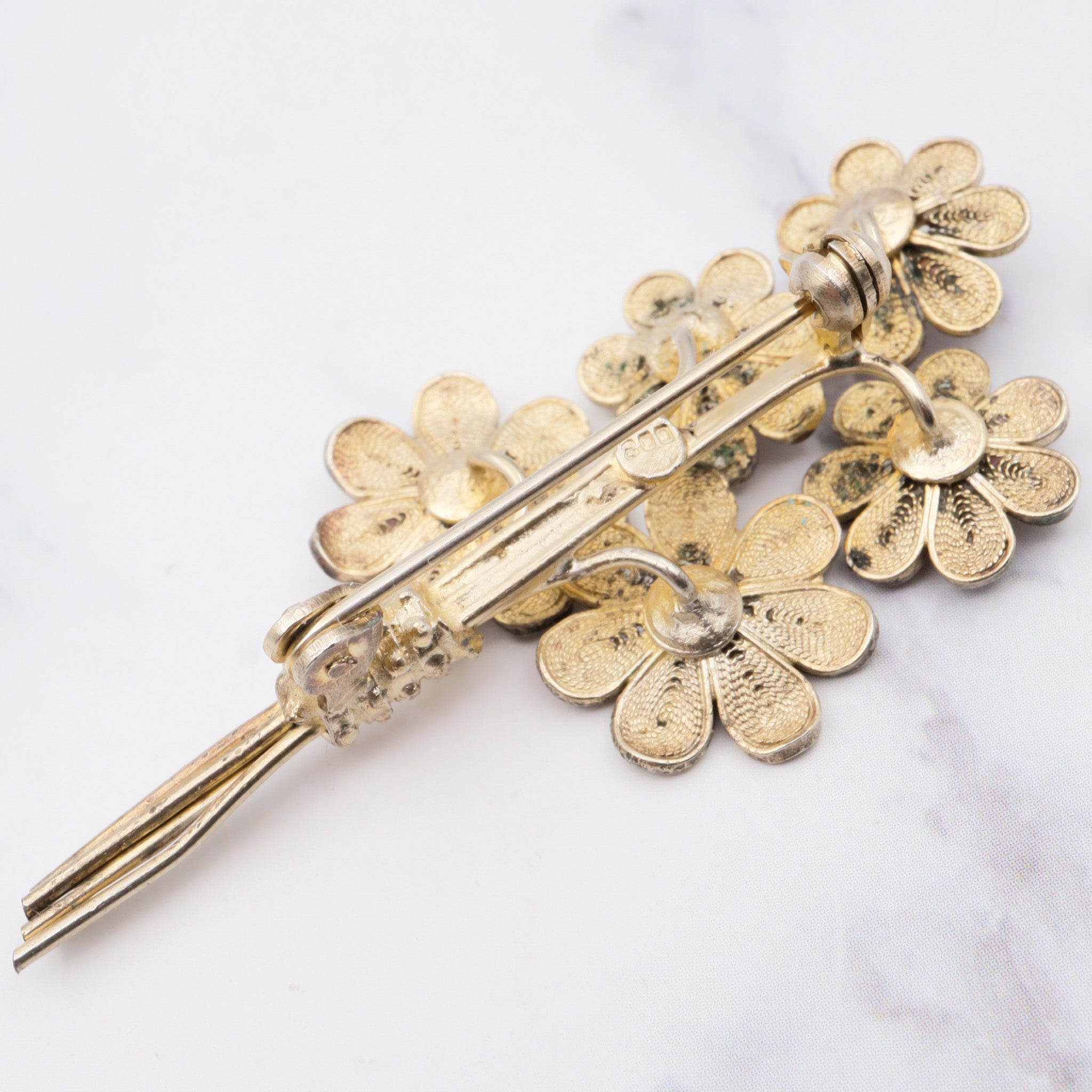 Vintage Italian gilt .800 silver filigree plique a jour enamel flower bouquet brooch