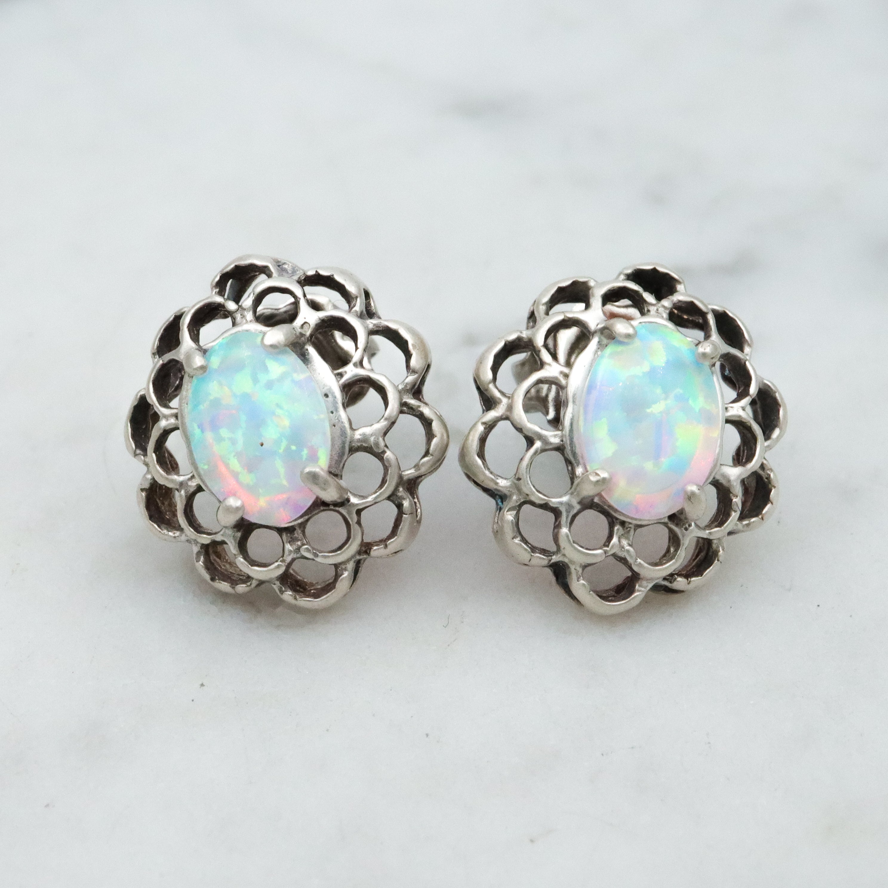 Vintage sterling opal flower cutout stud earrings