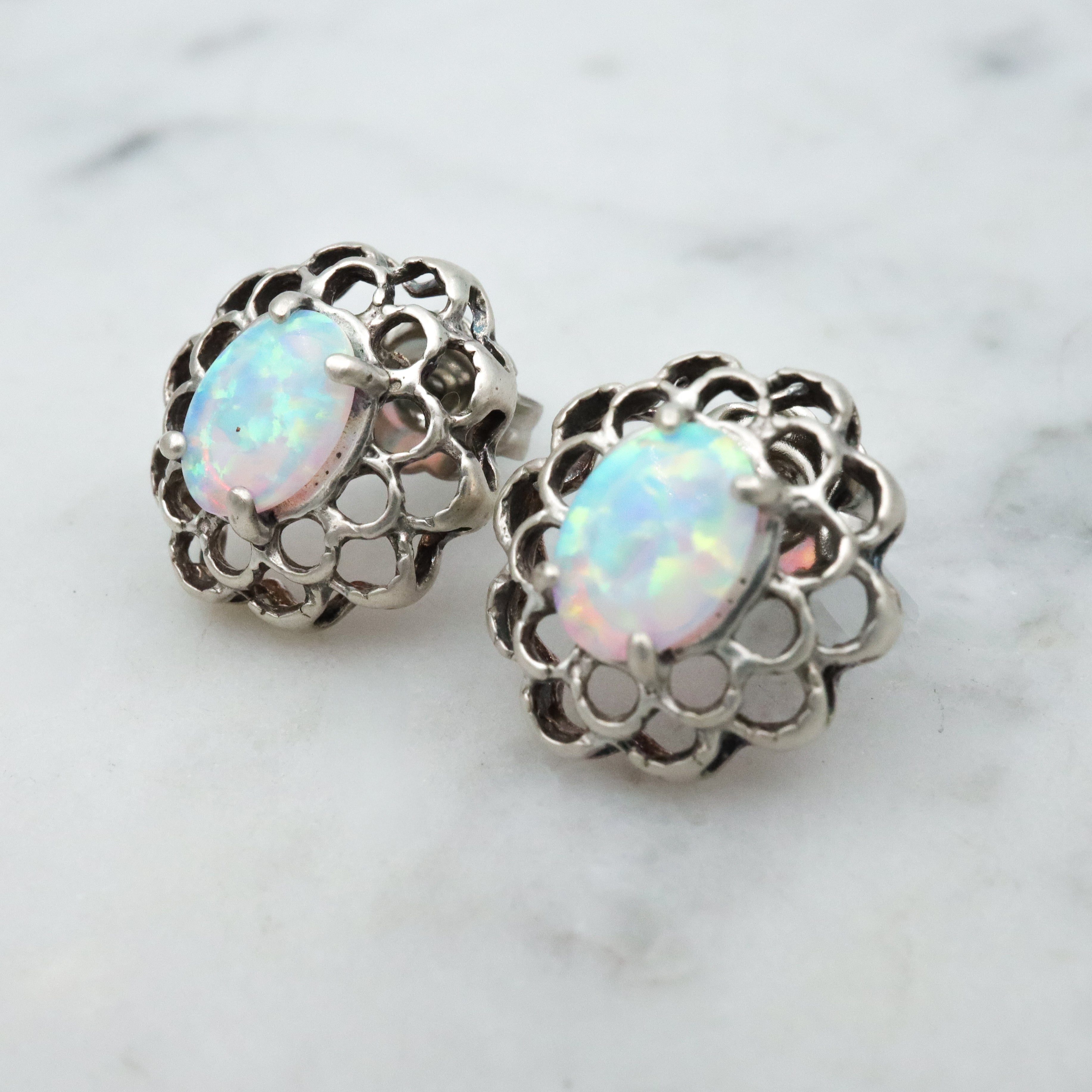 Vintage sterling opal flower cutout stud earrings